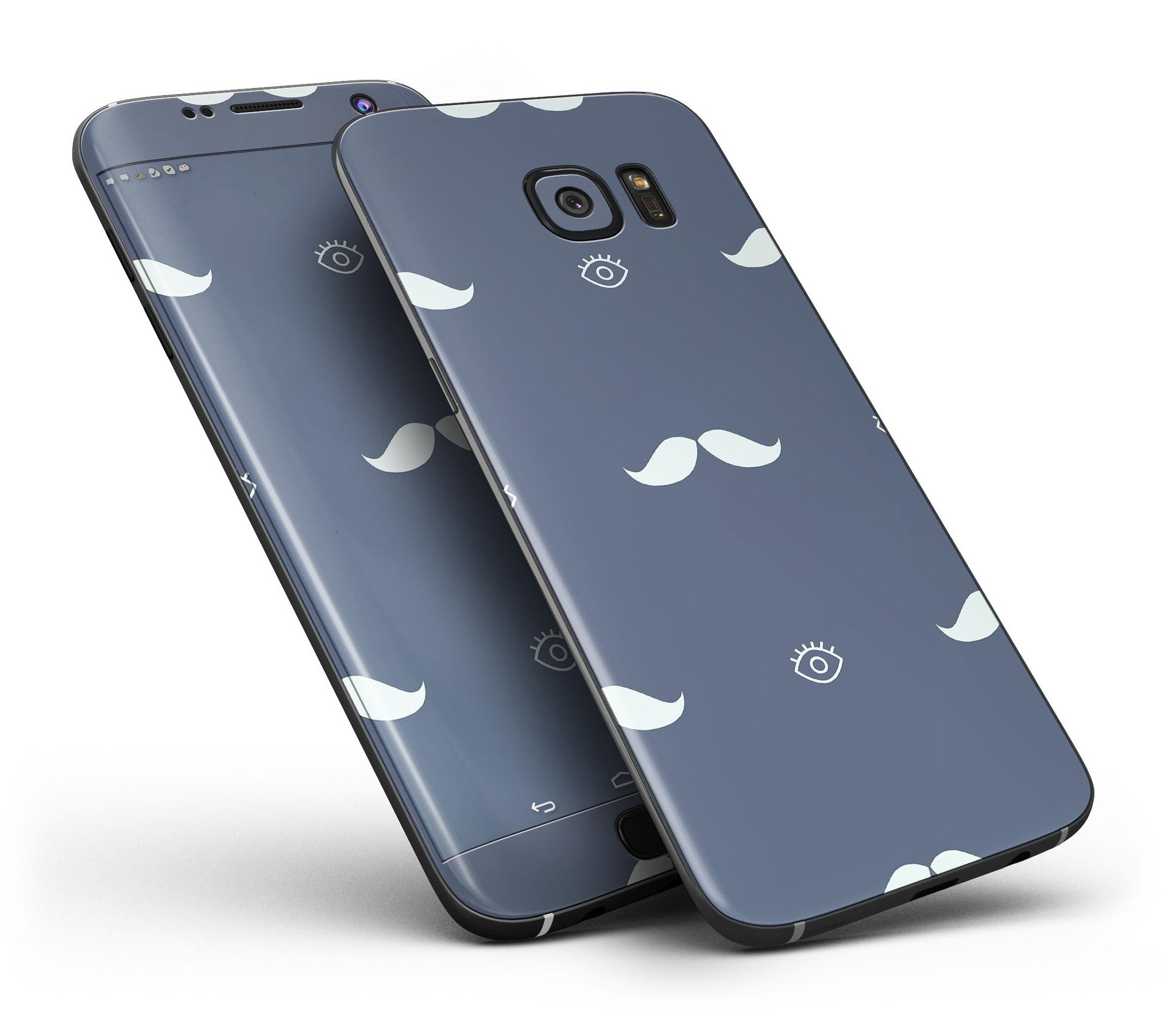 Cartoon Eyes Mustache Skin-Kit for Samsung Galaxy S7/S7 Edge, featuring a navy pattern with cartoon eyes and mustache design.