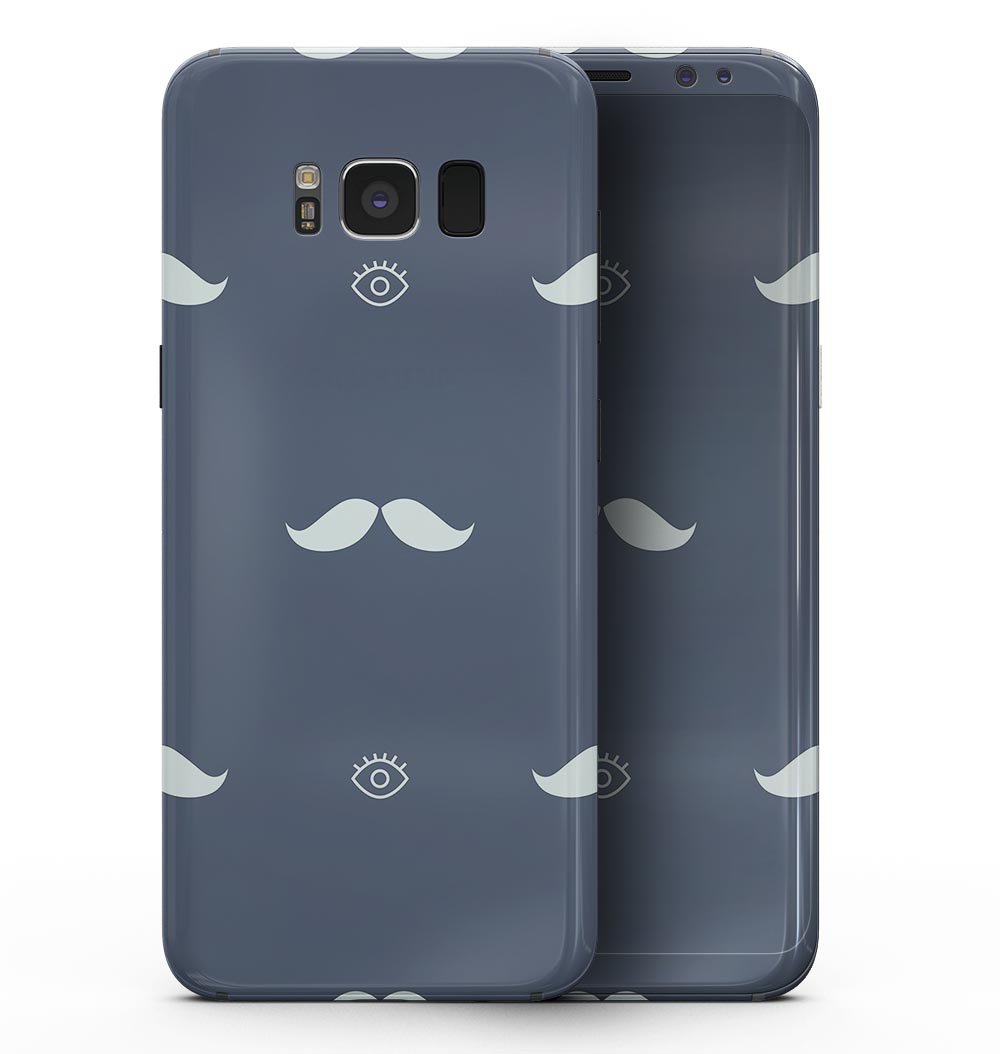 Cartoon Eyes Mustache design skin for Samsung Galaxy S8, showcasing a playful pattern on a navy background.