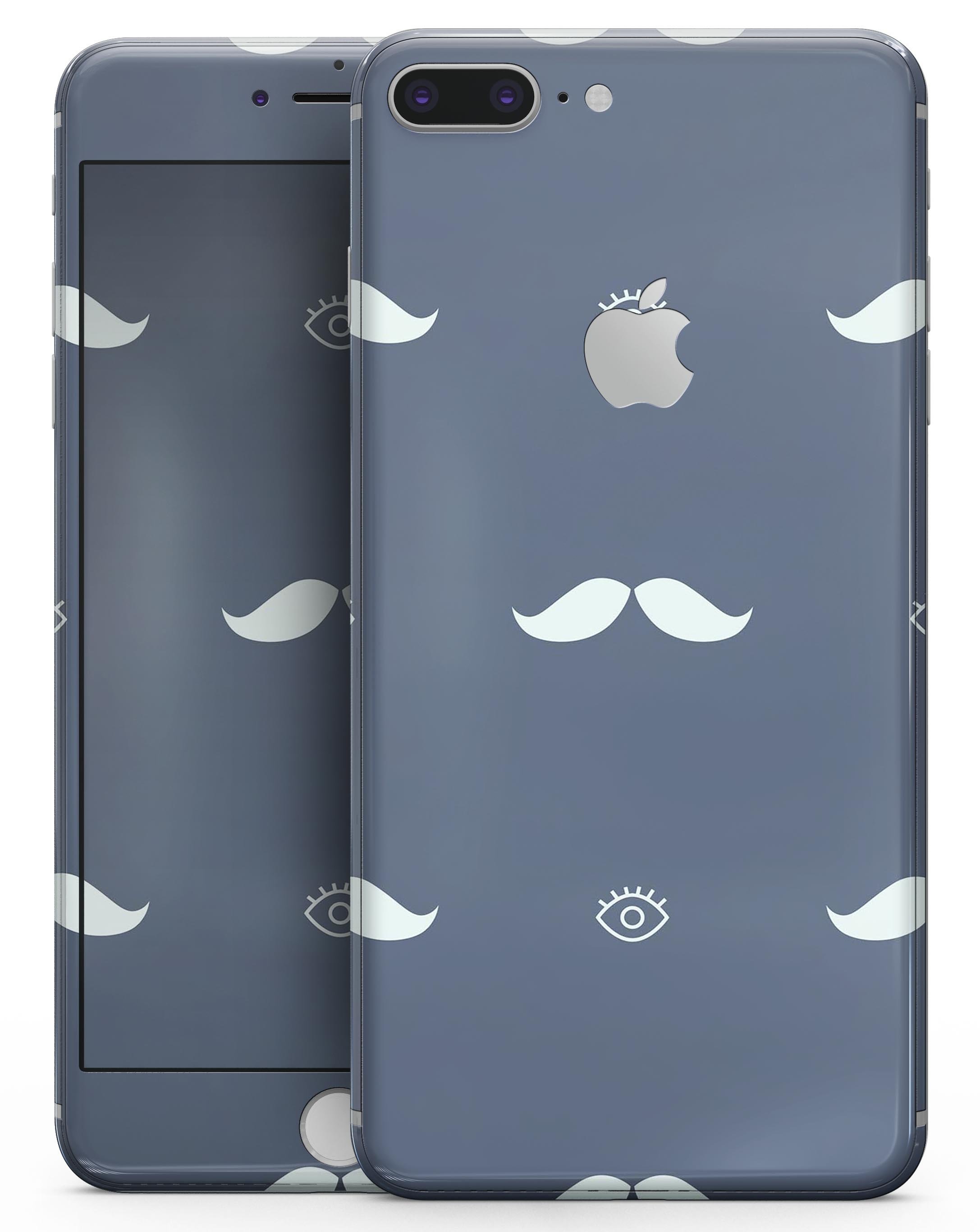 Cartoon Eyes Mustache design skin for iPhone 8 or 8 Plus, featuring a navy pattern and vibrant colors.