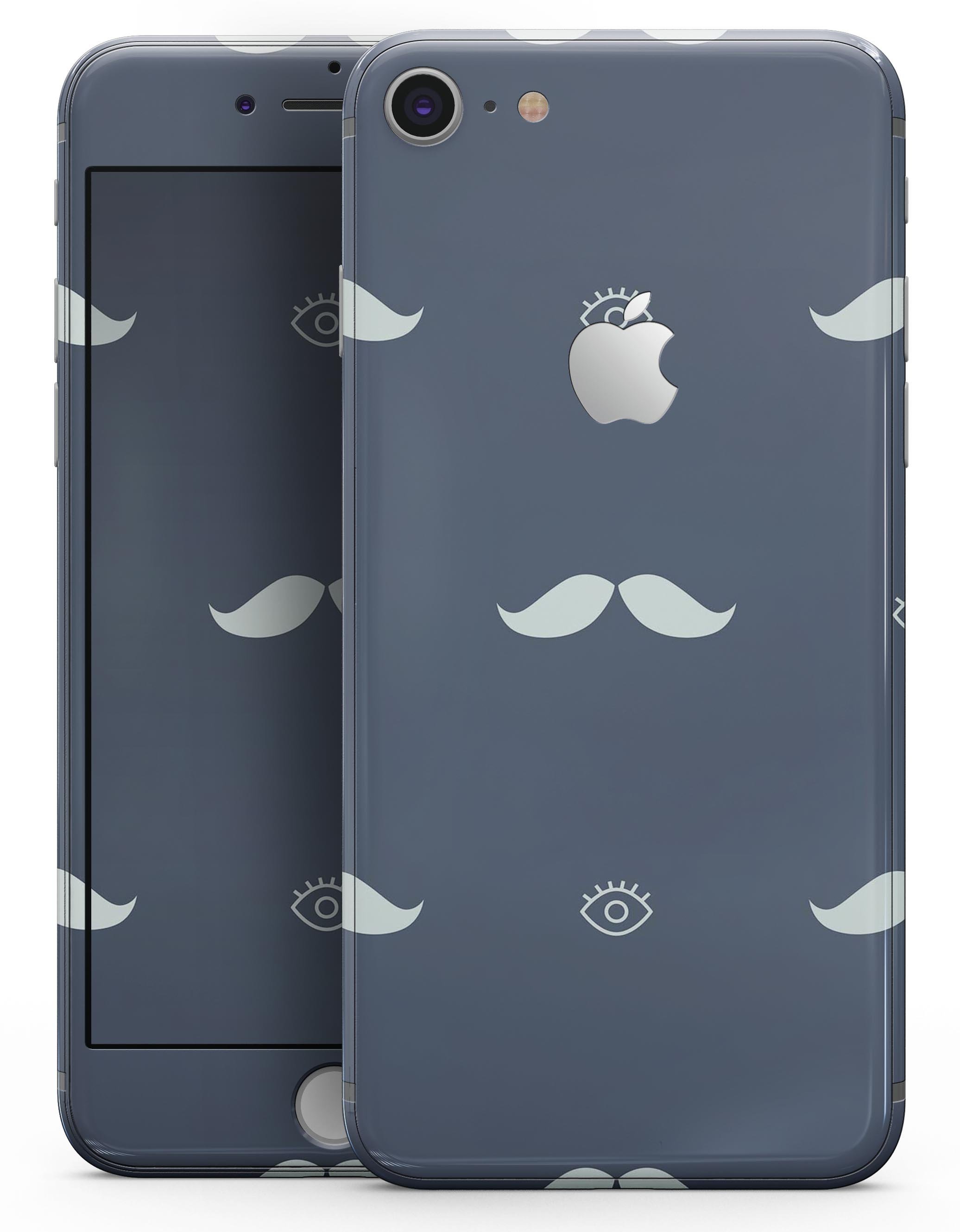 Cartoon Eyes Mustache design skin for iPhone 8 or 8 Plus, featuring a navy pattern and vibrant colors.