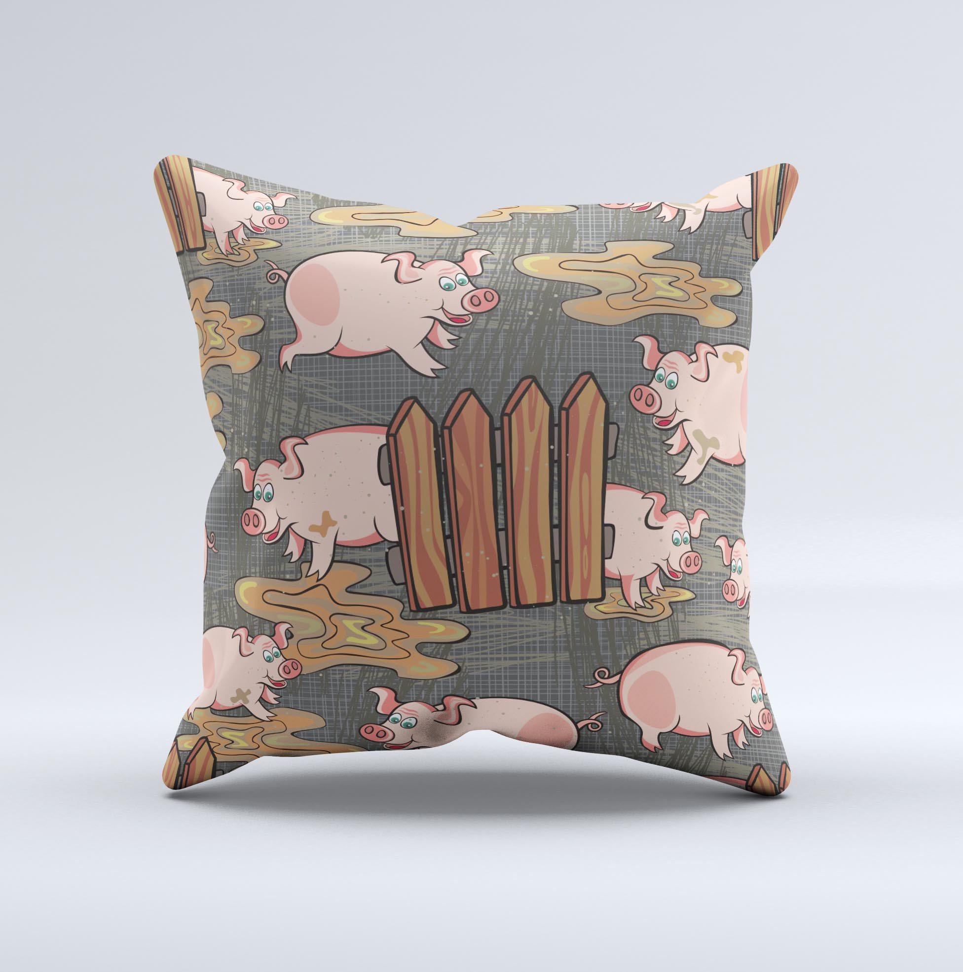 A whimsical decorative throw pillow featuring cartoon muddy pigs, handcrafted in Virginia with a high thread count fabric and polyester filling.