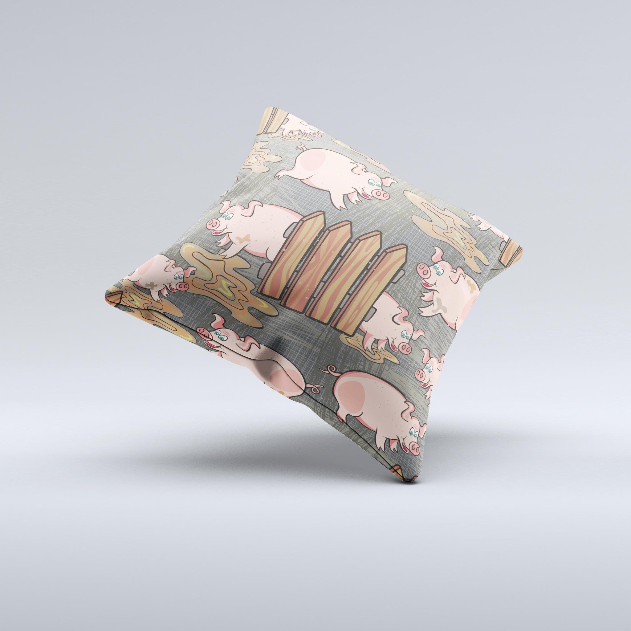 A whimsical decorative throw pillow featuring cartoon muddy pigs, handcrafted in Virginia with a high thread count fabric and polyester filling.