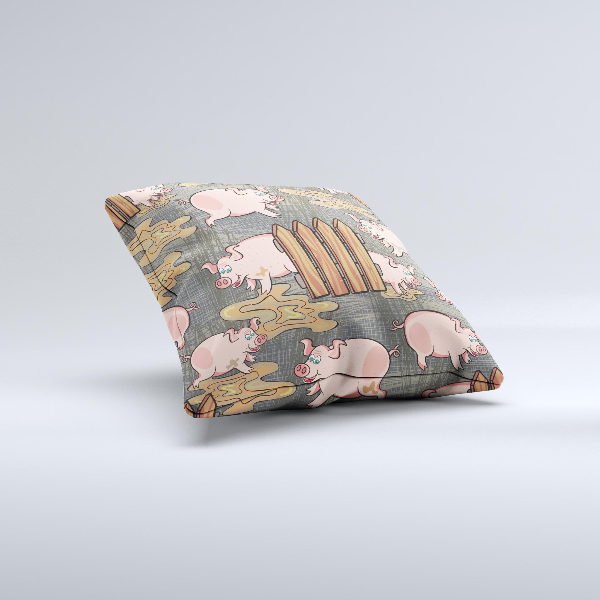 A whimsical decorative throw pillow featuring cartoon muddy pigs, handcrafted in Virginia with a high thread count fabric and polyester filling.