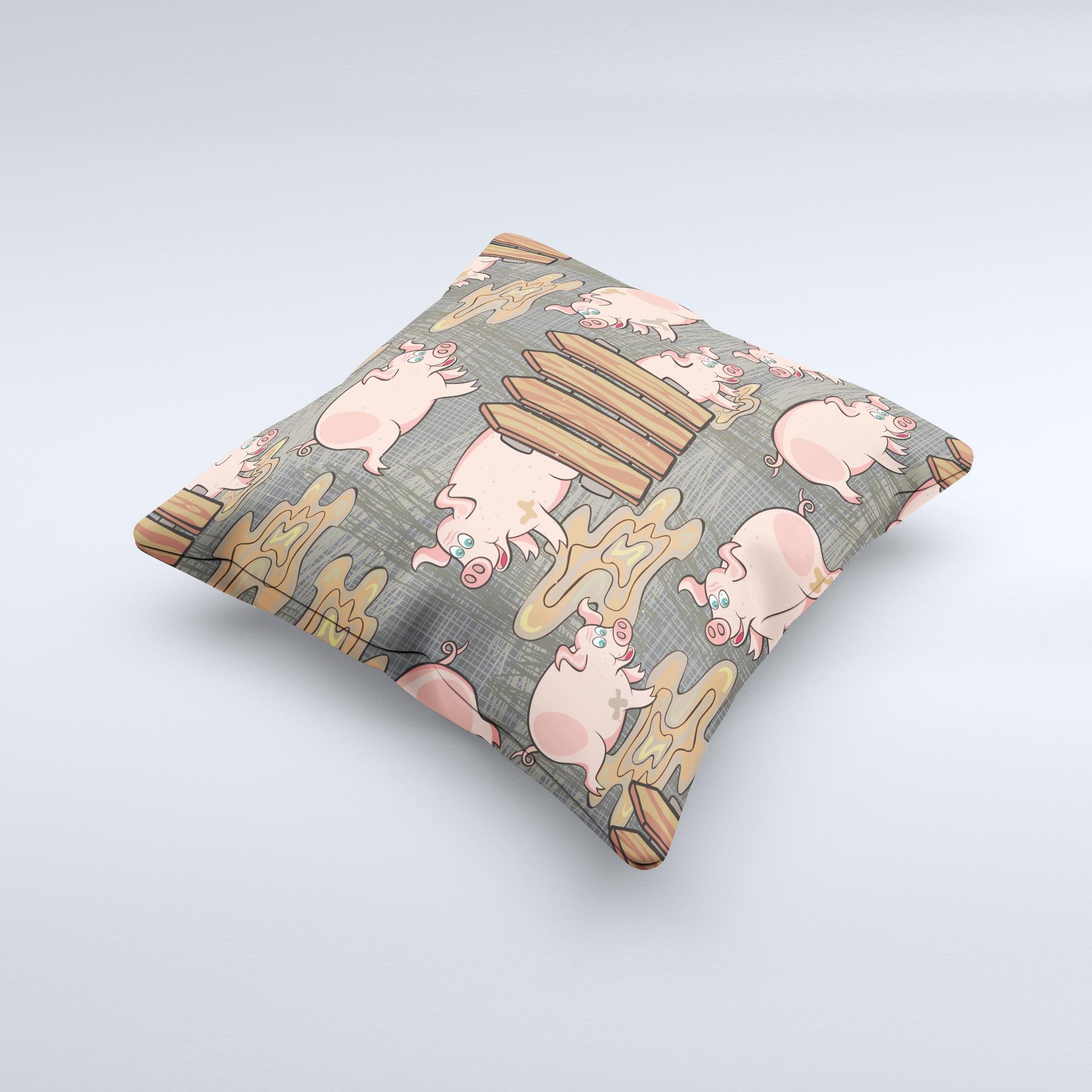 A whimsical decorative throw pillow featuring cartoon muddy pigs, handcrafted in Virginia with a high thread count fabric and polyester filling.