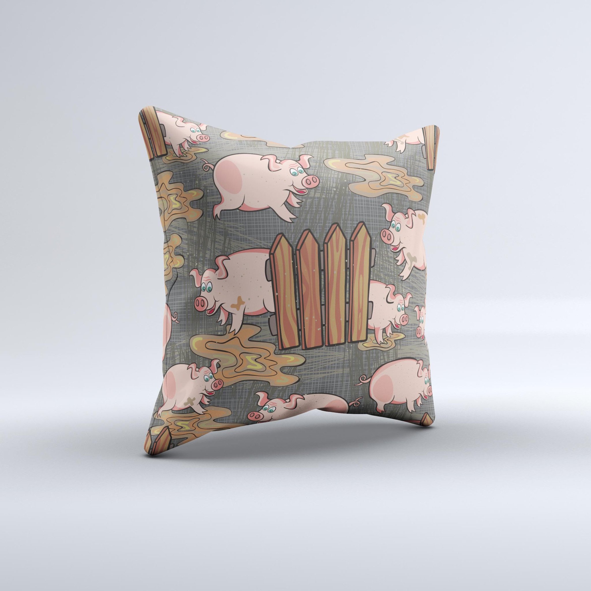 A whimsical decorative throw pillow featuring cartoon muddy pigs, handcrafted in Virginia with a high thread count fabric and polyester filling.