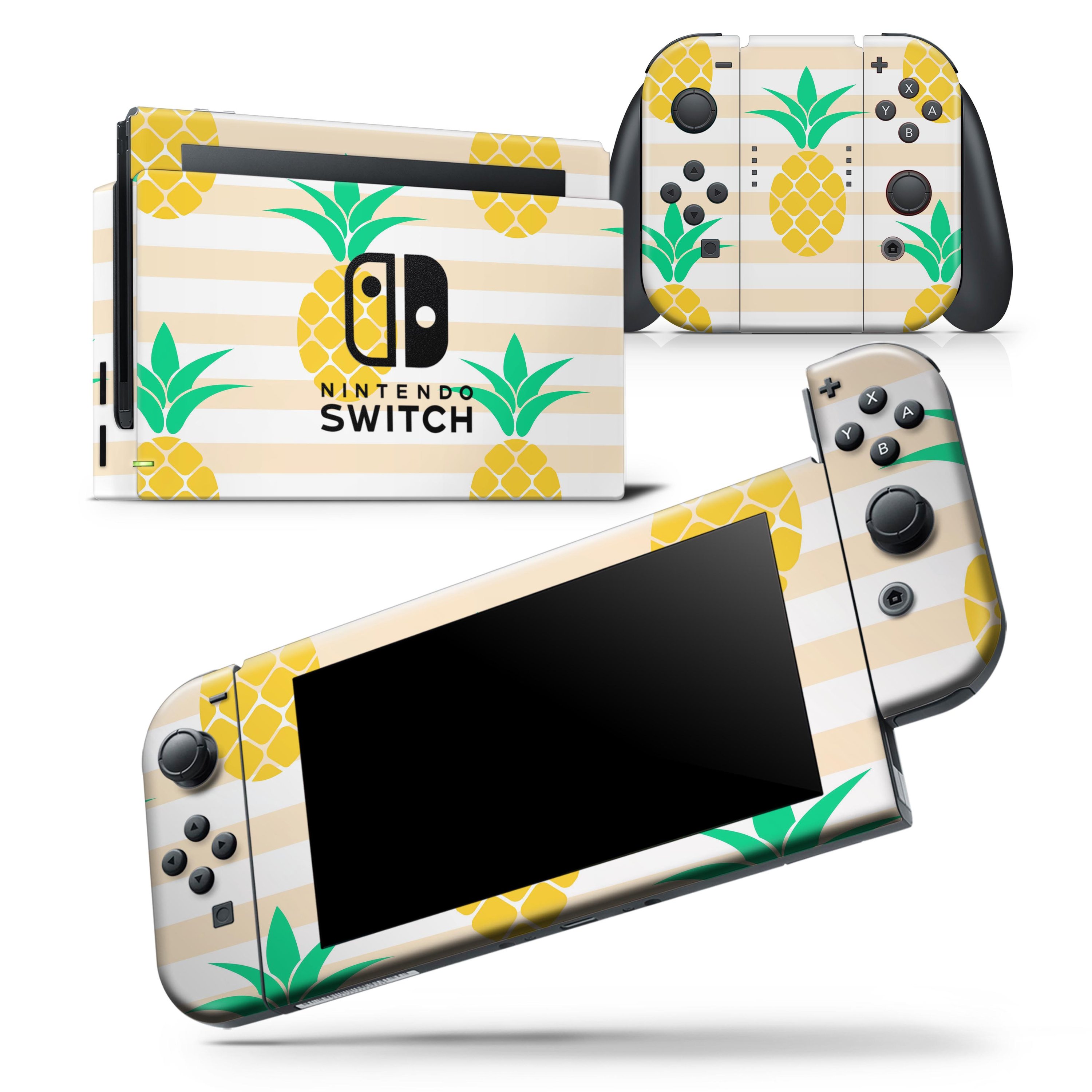 Cartoon Pineapples skin wrap decal for Nintendo Switch, featuring vibrant colors and a unique design over stripes.