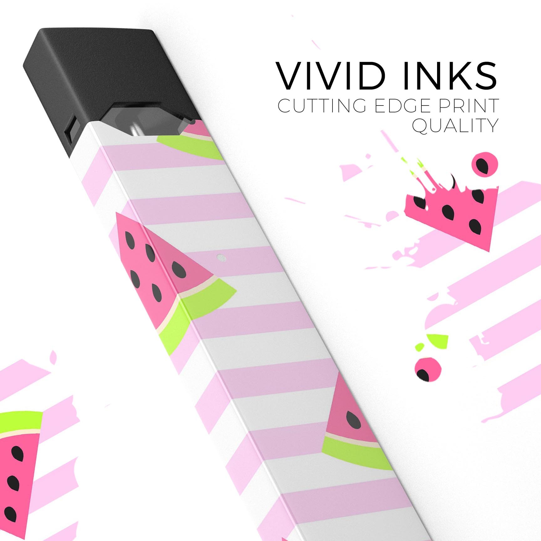 Cartoon Watermelon decal on JUUL device with pink stripes, showcasing vibrant colors and unique design.