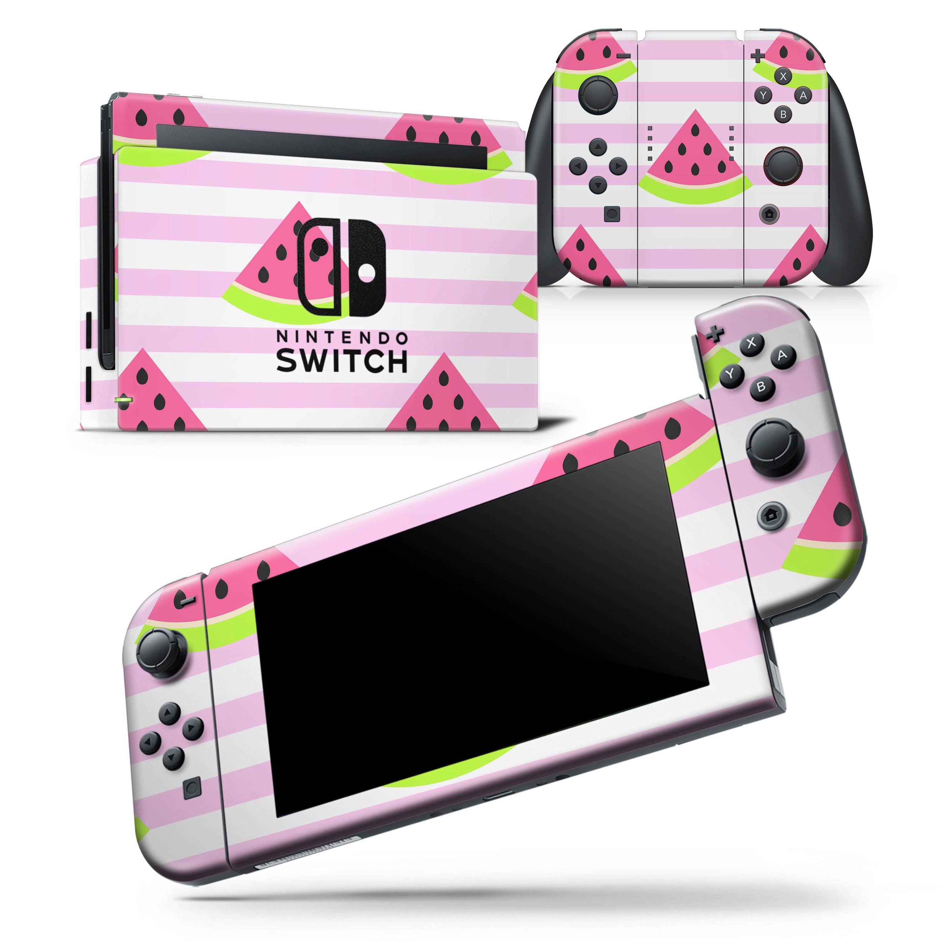 Cartoon Watermelon skin wrap decal for Nintendo Switch, featuring vibrant colors and a playful design over pink stripes.