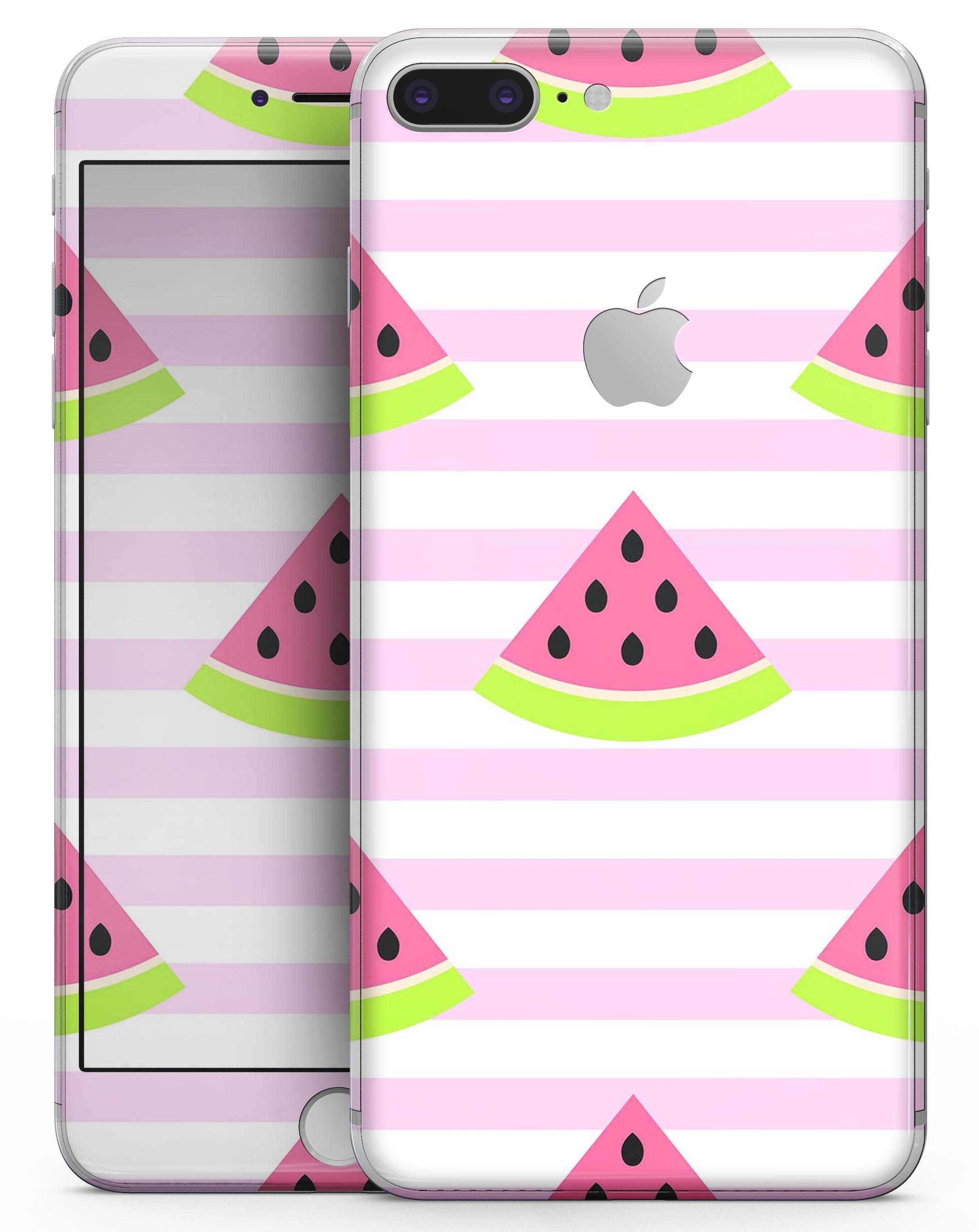 Cartoon Watermelon Skin-kit for iPhone 8 and 8 Plus featuring pink stripes, showcasing vibrant colors and a fun design.