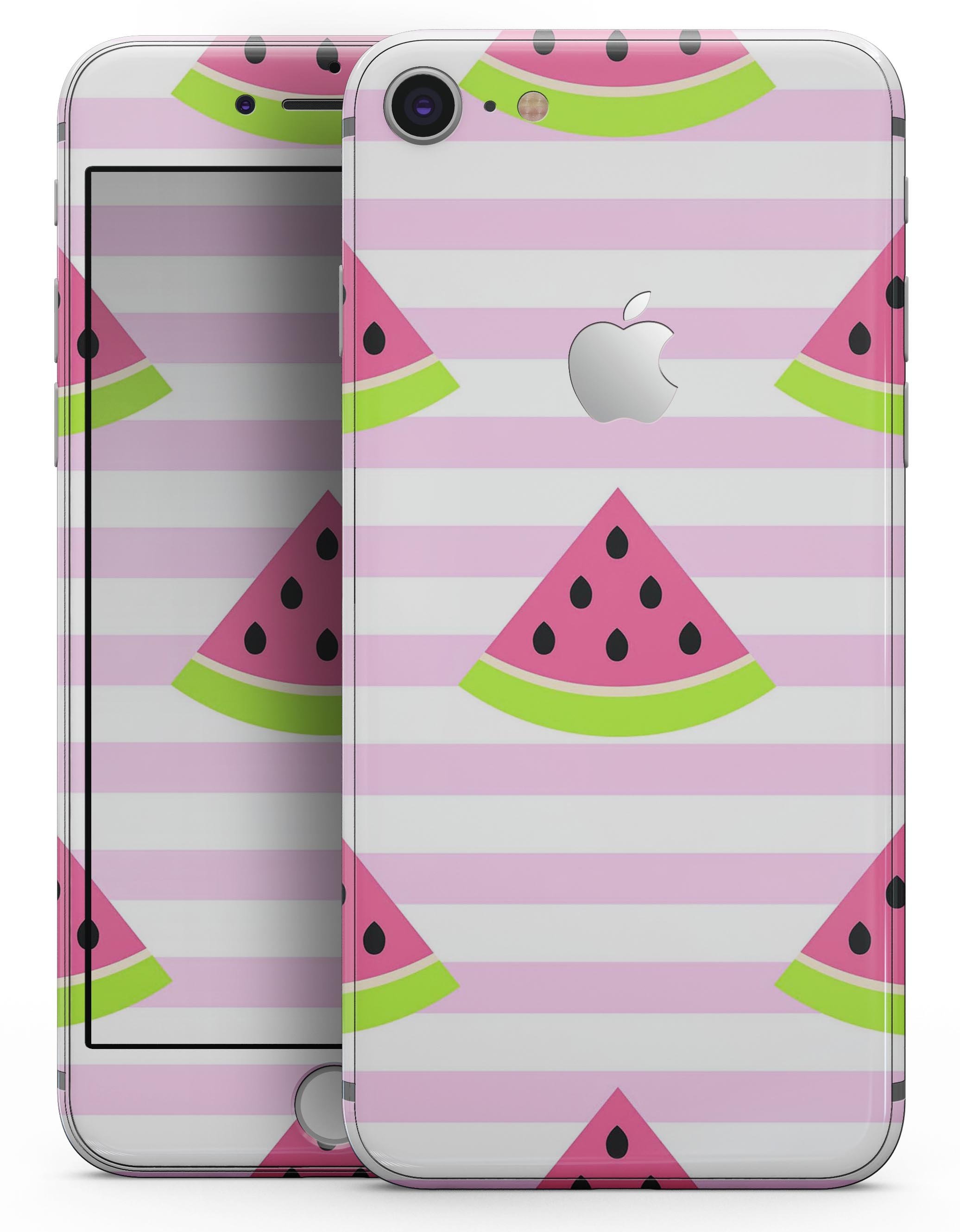 Cartoon Watermelon Skin-kit for iPhone 8 and 8 Plus featuring pink stripes, showcasing vibrant colors and a fun design.