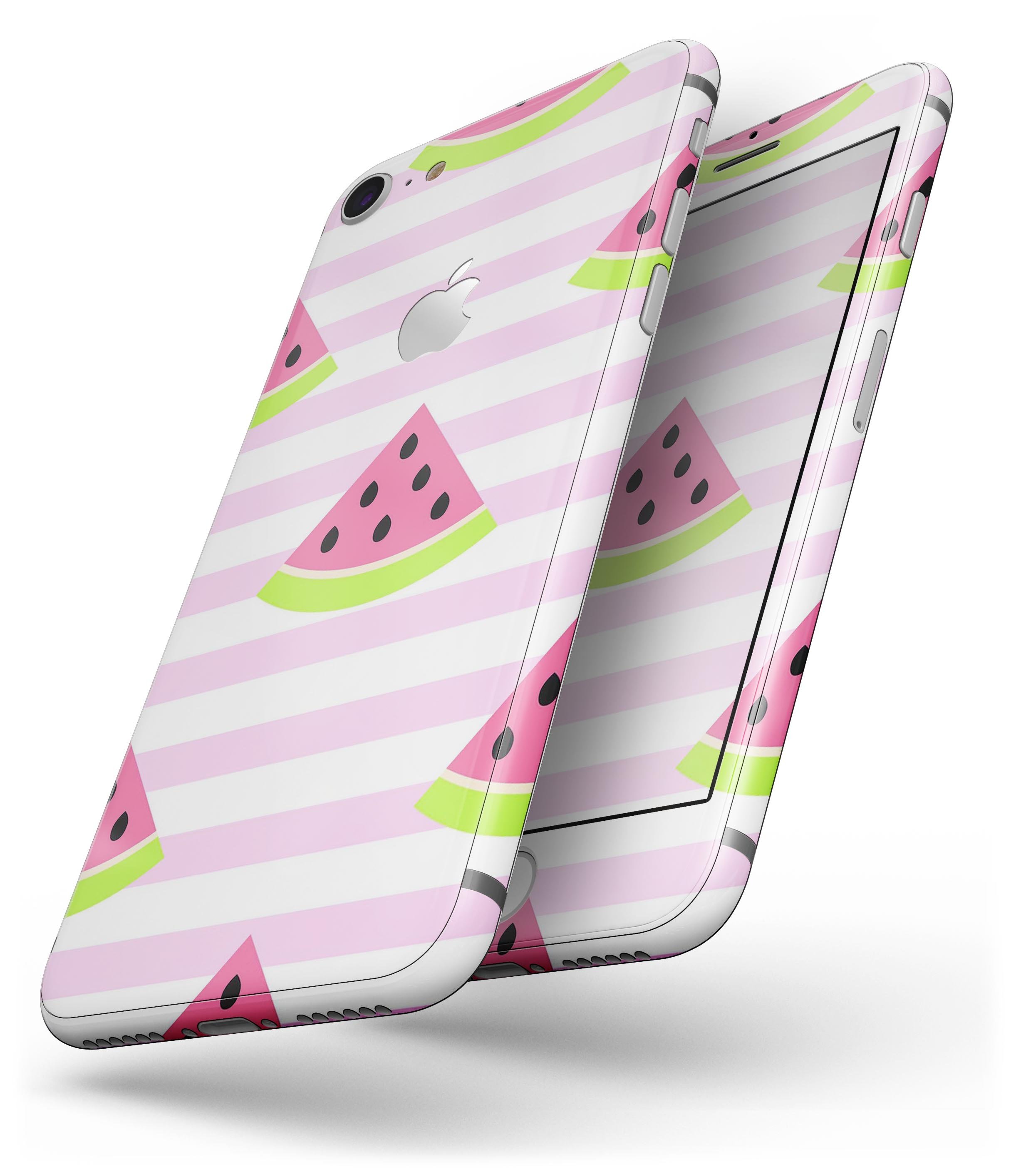 Cartoon Watermelon Skin-kit for iPhone 8 and 8 Plus featuring pink stripes, showcasing vibrant colors and a fun design.