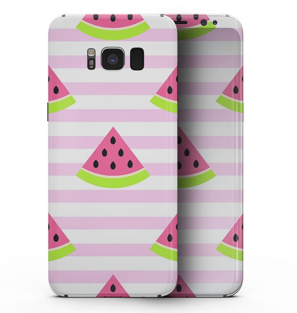 Cartoon Watermelon design skin for Samsung Galaxy S8, featuring vibrant colors and a striped background, providing a stylish look and protection.