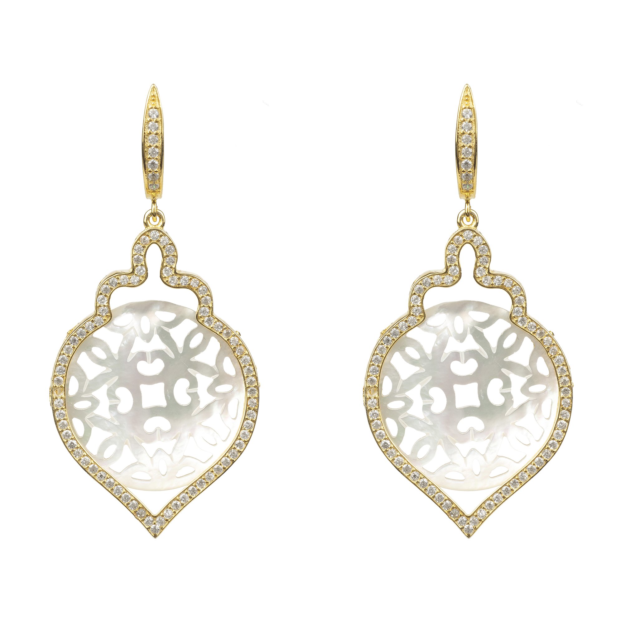 Elegant Carved White Mother of Pearl Gold Teardrop Earrings with sparkling zirconia, showcasing a floral design.