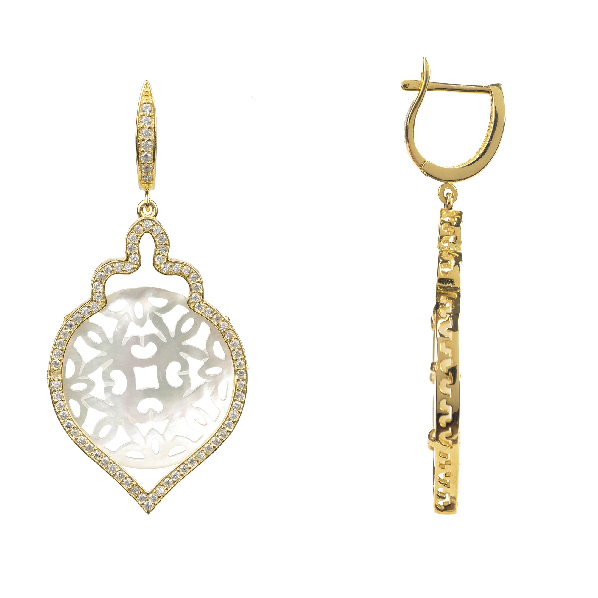 Elegant Carved White Mother of Pearl Gold Teardrop Earrings with sparkling zirconia, showcasing a floral design.