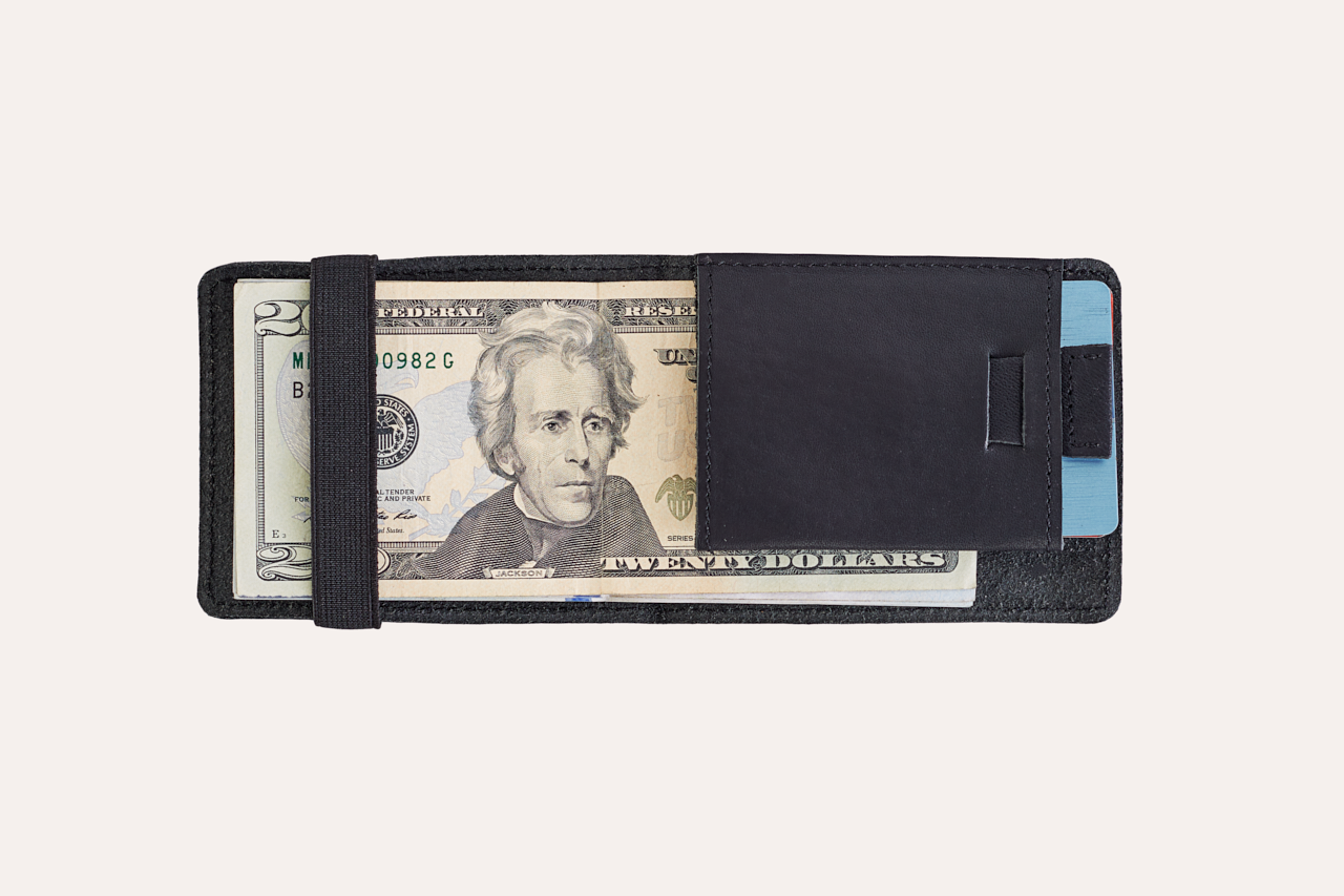 Cash Fold wallet featuring internal and external card slots with elastic closure, designed for style and convenience.