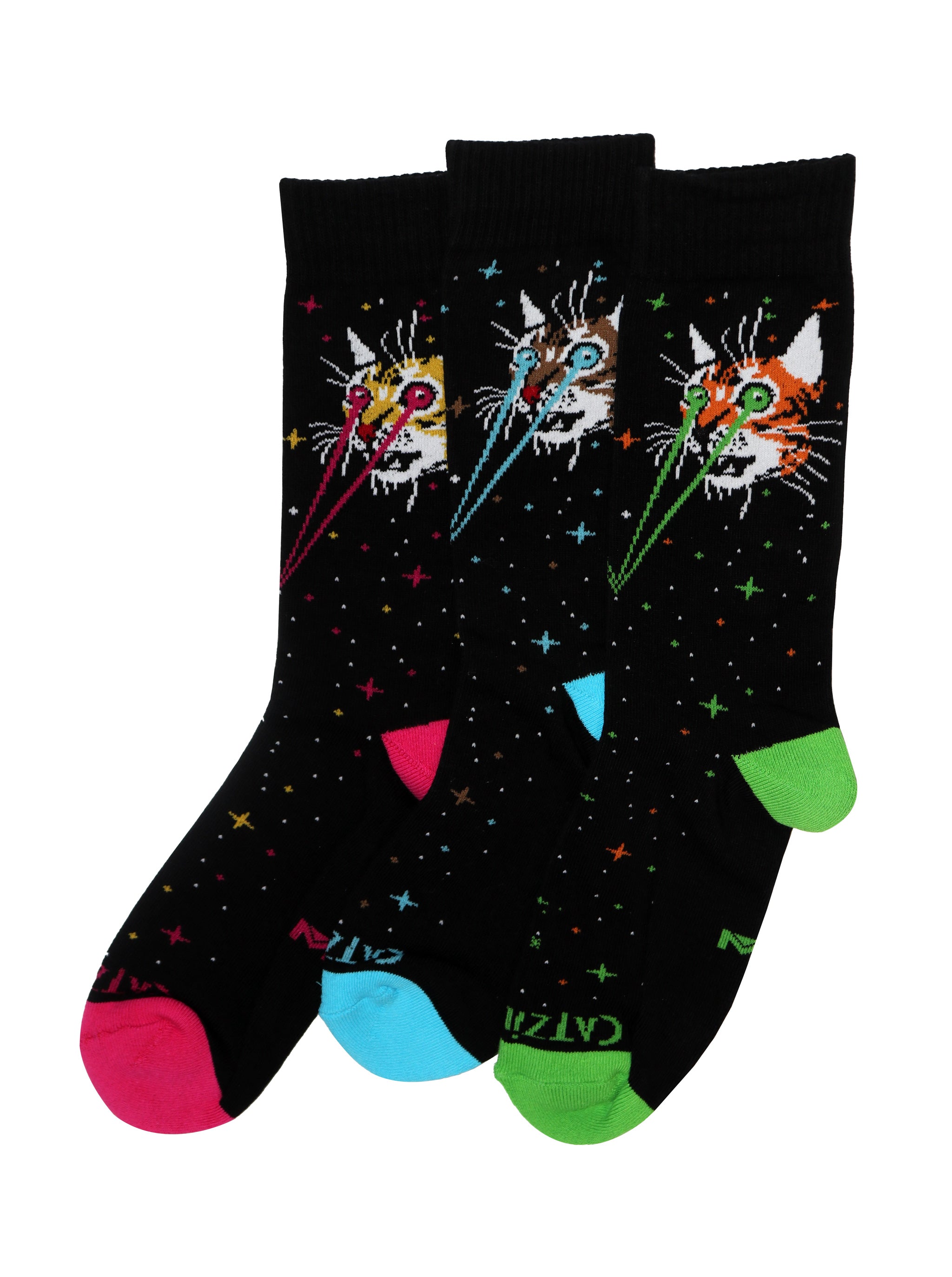 Catzilla Crew Socks featuring a cat shooting laser beams from its eyes against a starry galaxy background.