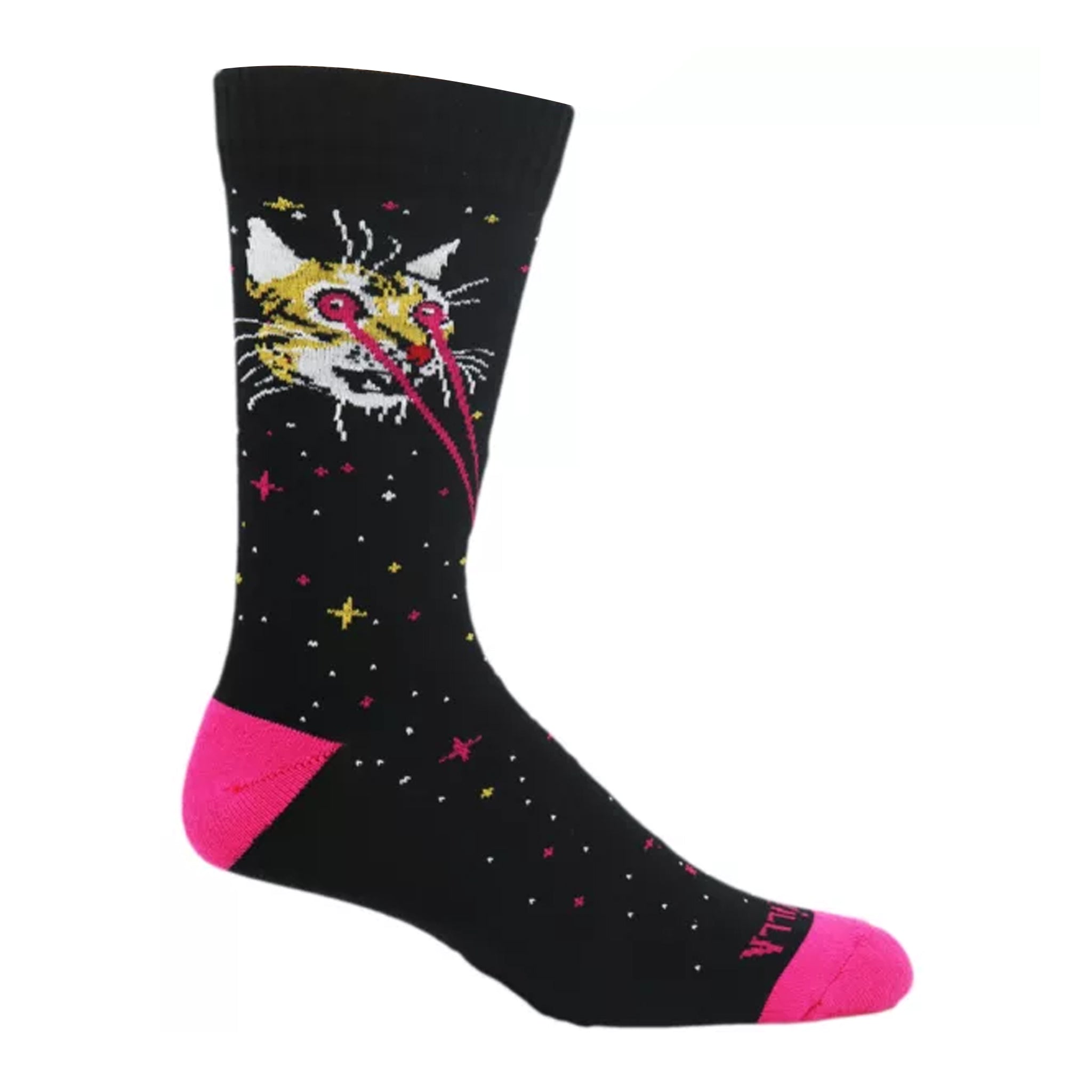 Catzilla Crew Socks featuring a cat shooting laser beams from its eyes against a starry galaxy background.