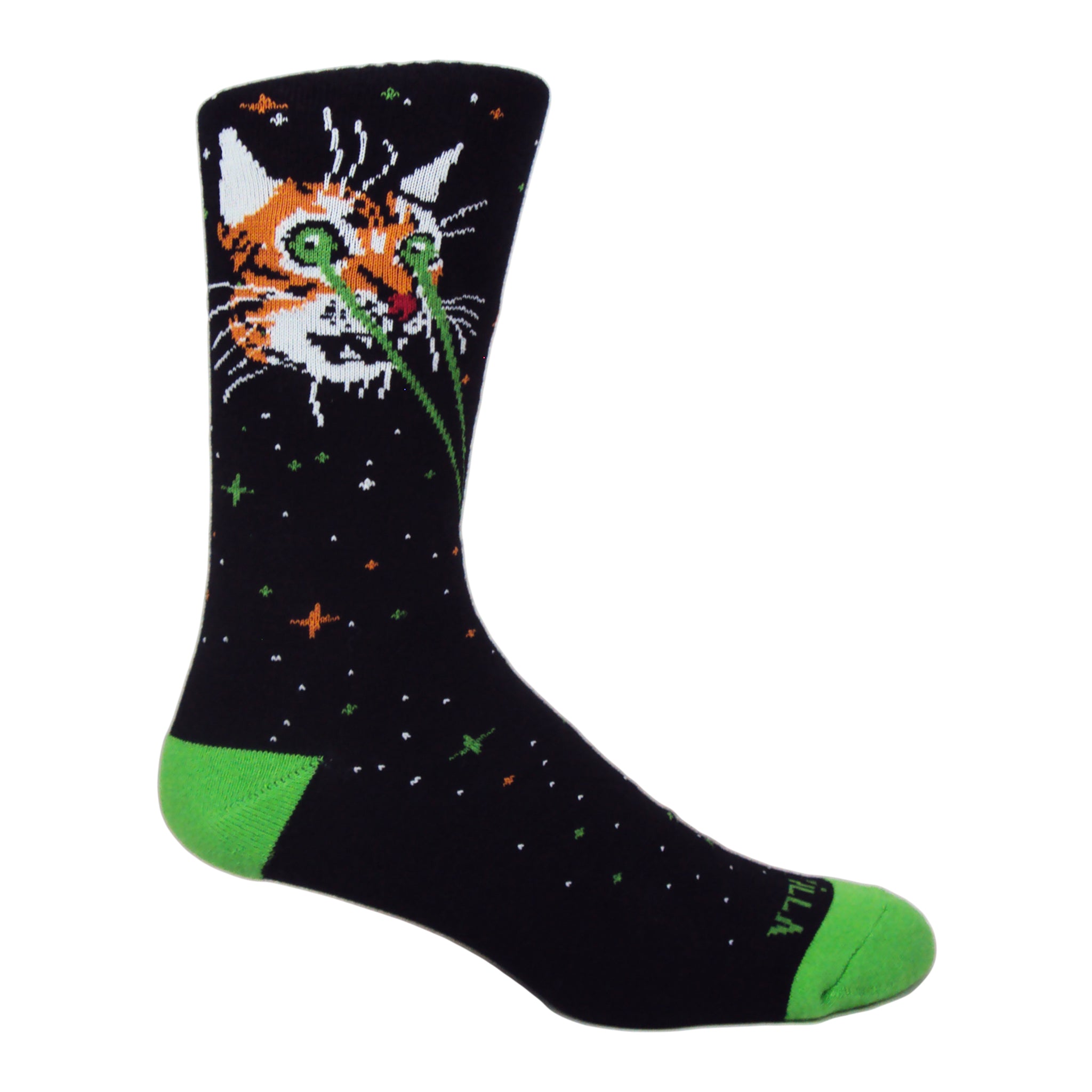 Catzilla Crew Socks featuring a cat shooting laser beams from its eyes against a starry galaxy background.