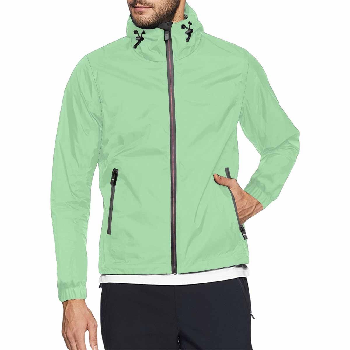 Celadon green hooded windbreaker jacket for men and women, featuring a full zip, adjustable hood, and stylish design.