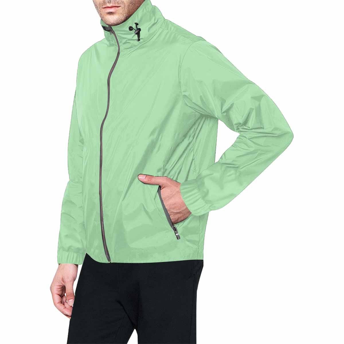 Celadon green hooded windbreaker jacket for men and women, featuring a full zip, adjustable hood, and stylish design.