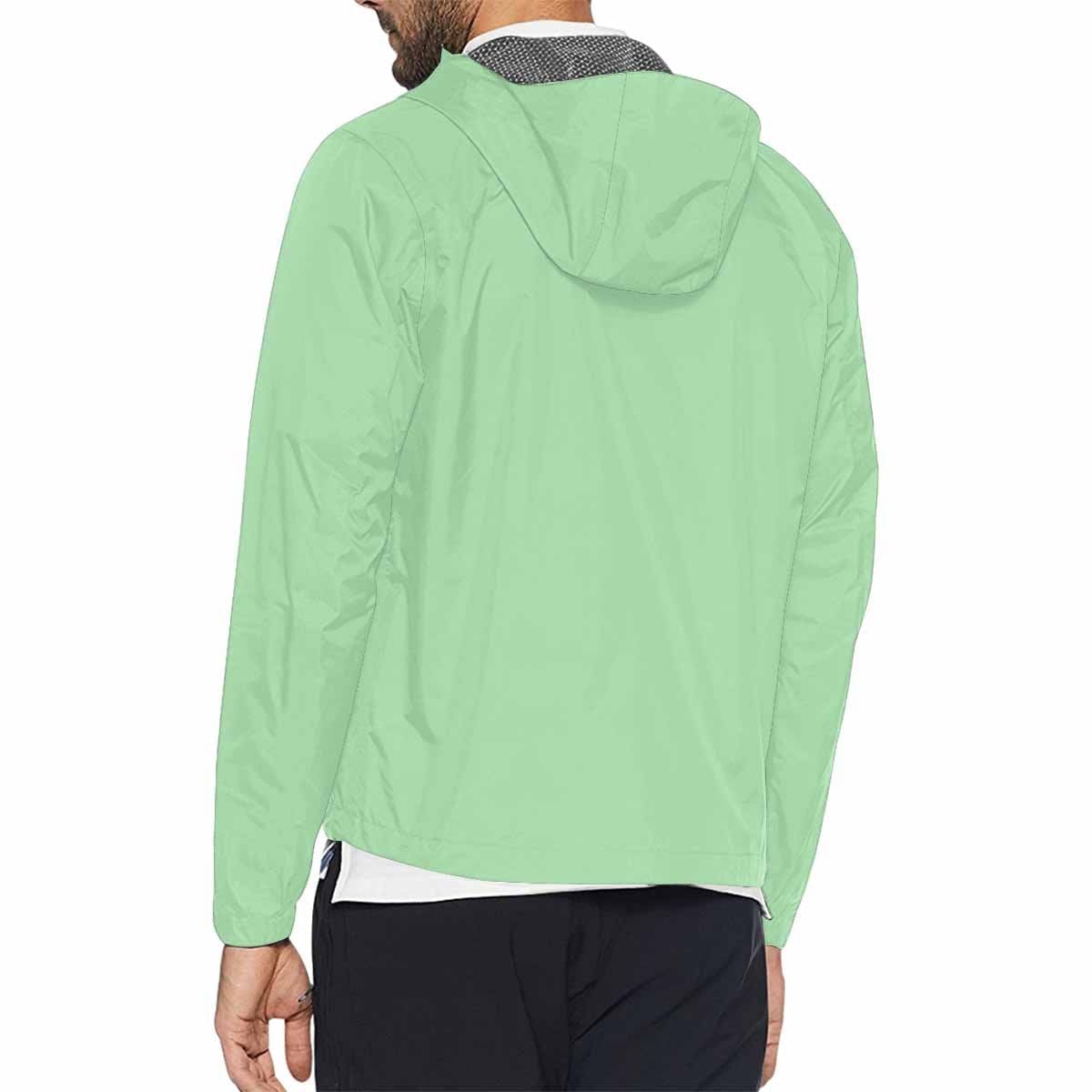 Celadon green hooded windbreaker jacket for men and women, featuring a full zip, adjustable hood, and stylish design.