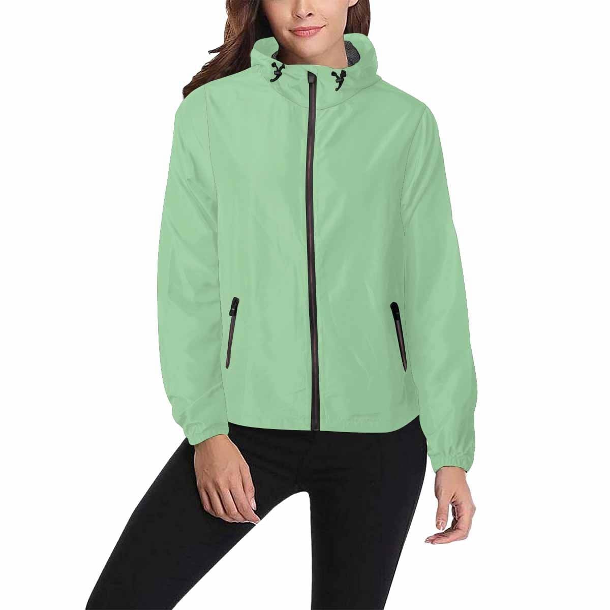 Celadon green hooded windbreaker jacket for men and women, featuring a full zip, adjustable hood, and stylish design.