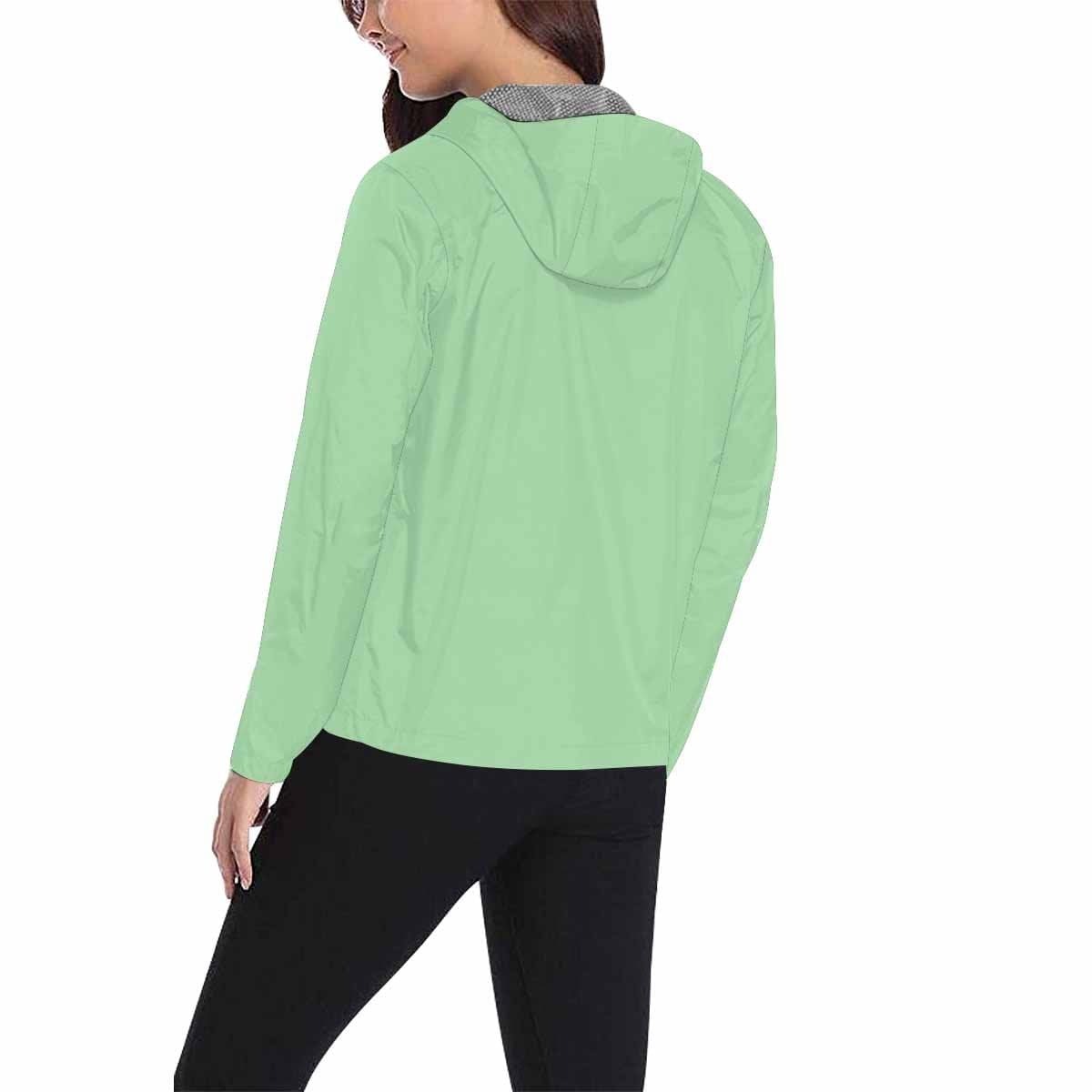 Celadon green hooded windbreaker jacket for men and women, featuring a full zip, adjustable hood, and stylish design.