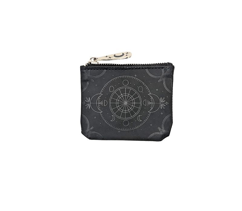 Celestial Magic Coin Purse made of embossed vegan leather with a silver-tone zipper featuring a celestial design.