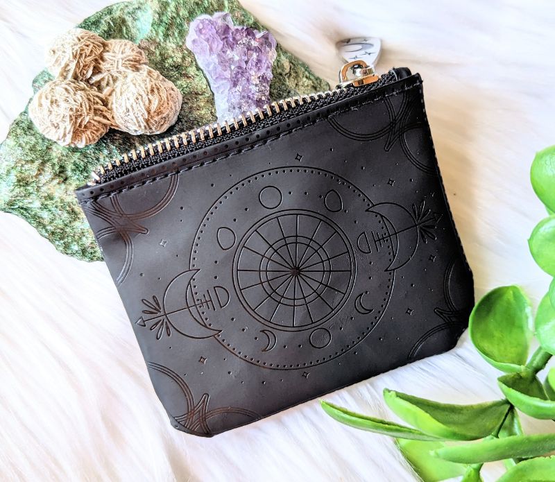 Celestial Magic Coin Purse made of embossed vegan leather with a silver-tone zipper featuring a celestial design.