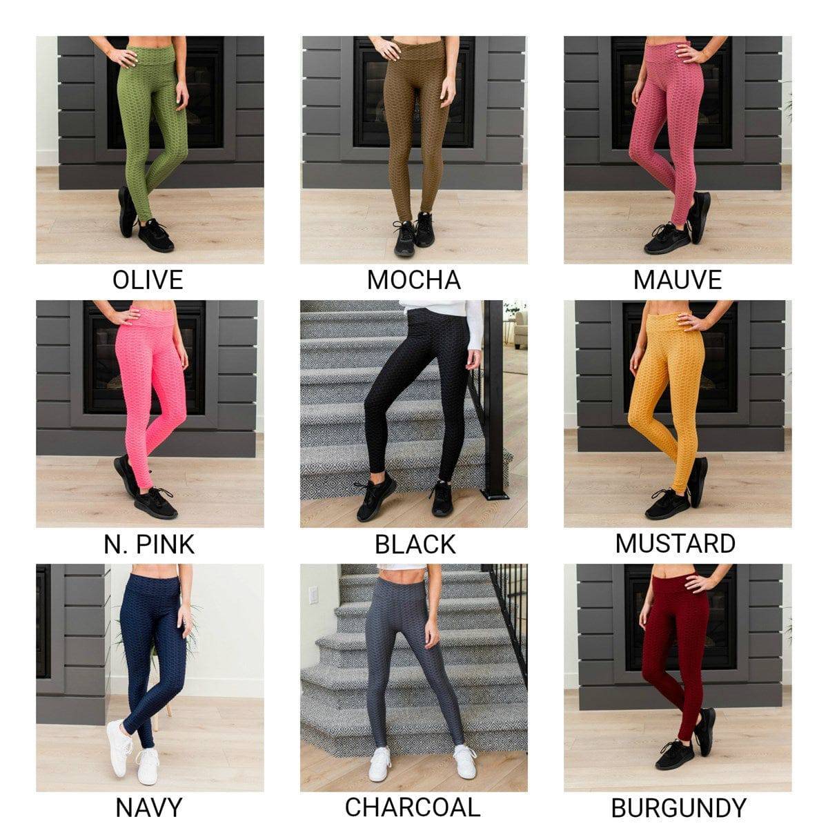 A pair of stylish Cellulite Hiding Leggings in a textured fabric, designed for comfort and coverage, showcasing their long length and flattering fit.