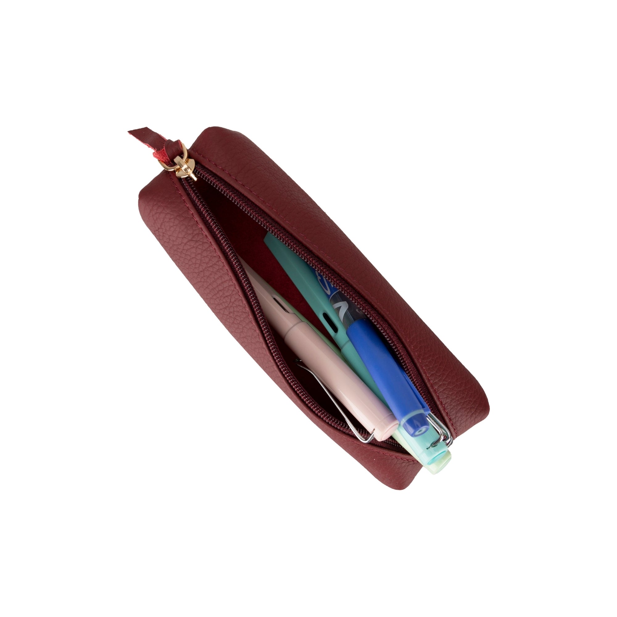 Centennial Multipurpose Leather Pencil Case and Makeup Bag in full-grain leather, showcasing its elegant design and durable zipper.