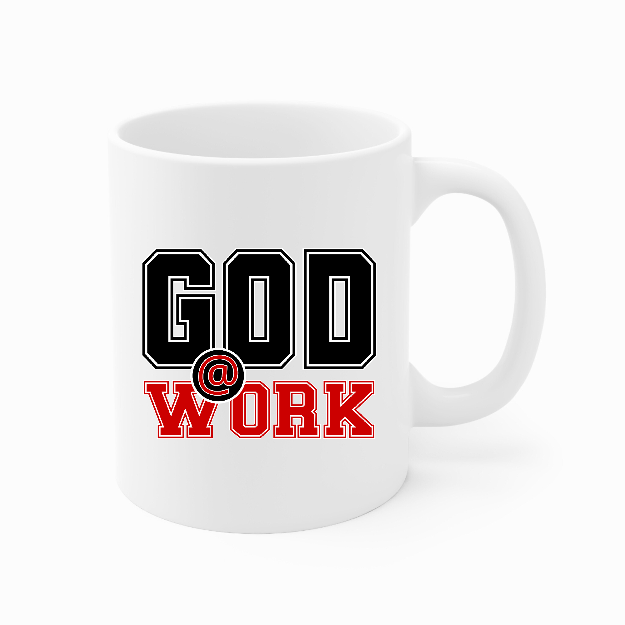 Ceramic coffee mug with 'God @ Work' black and red print, 11oz capacity, featuring rounded corners and a C-handle.