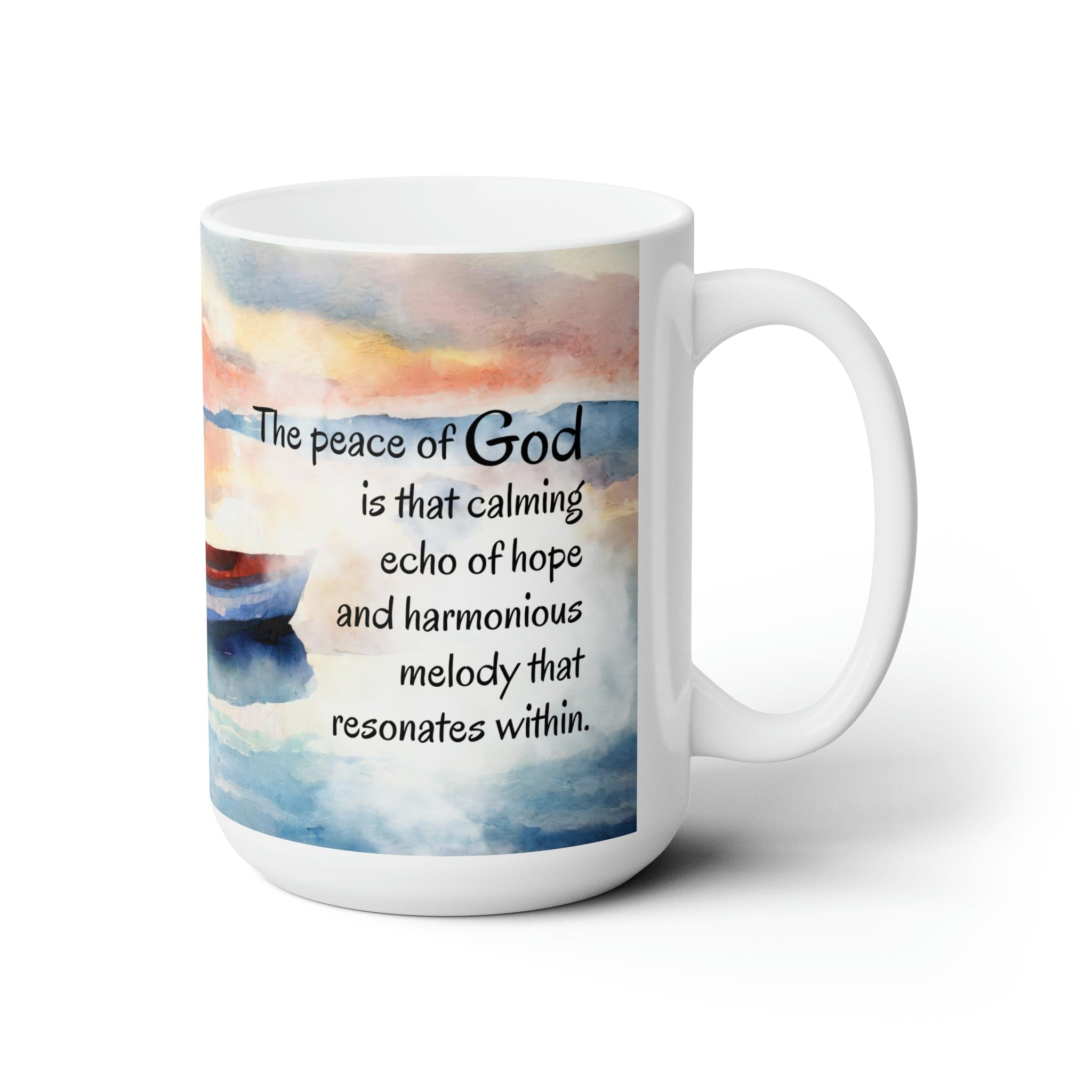 Ceramic mug featuring the Peace of God design with Echo of Hope illustration, perfect for hot and cold beverages.