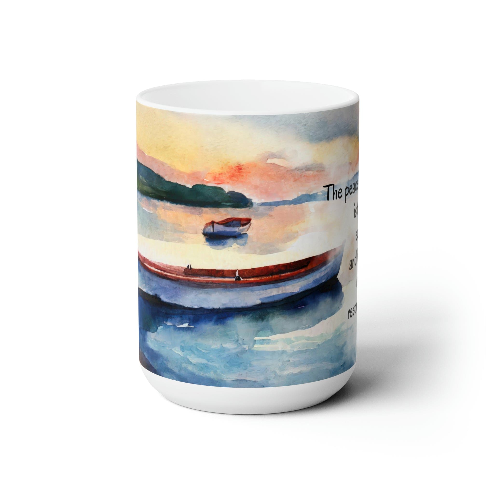 Ceramic mug featuring the Peace of God design with Echo of Hope illustration, perfect for hot and cold beverages.