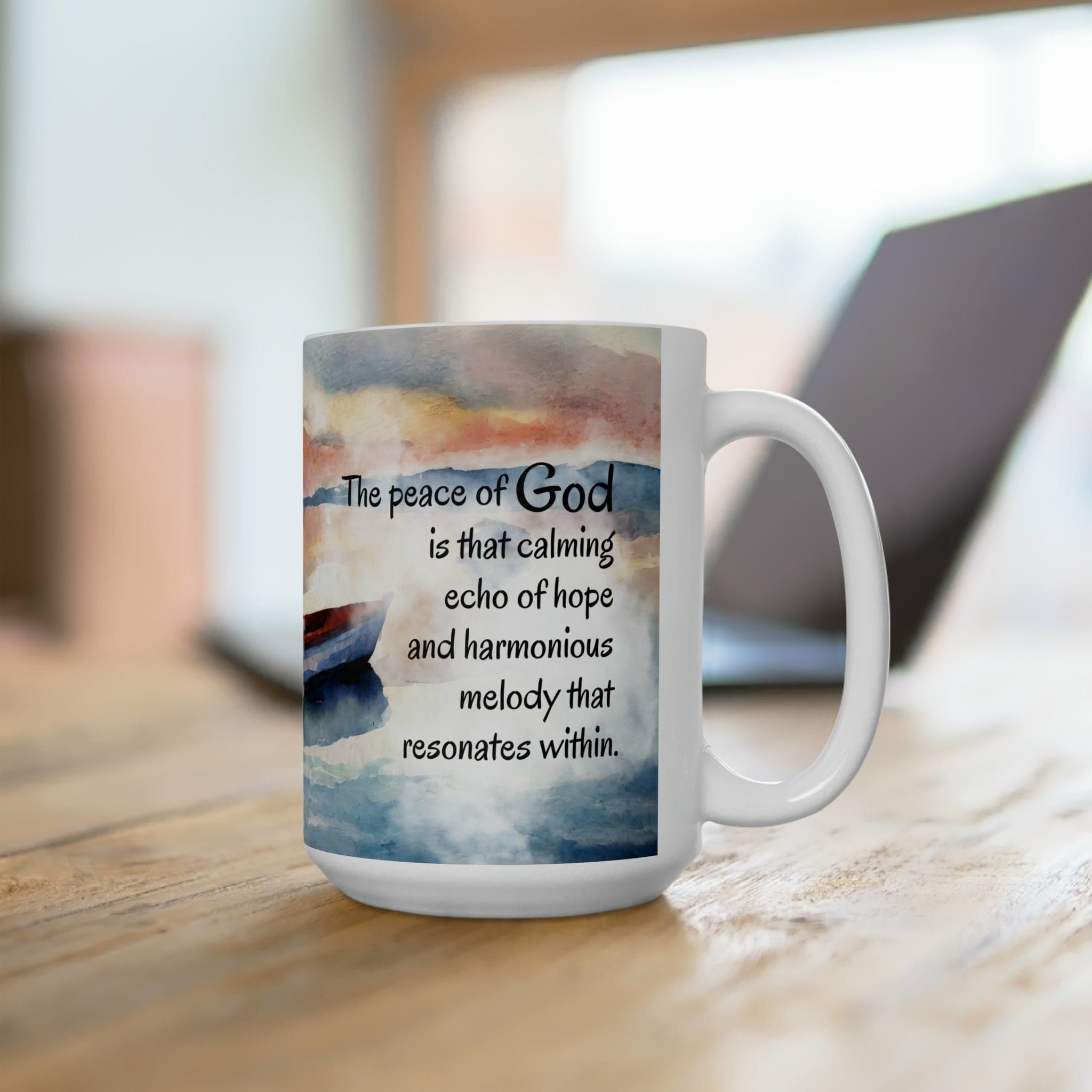 Ceramic mug featuring the Peace of God design with Echo of Hope illustration, perfect for hot and cold beverages.