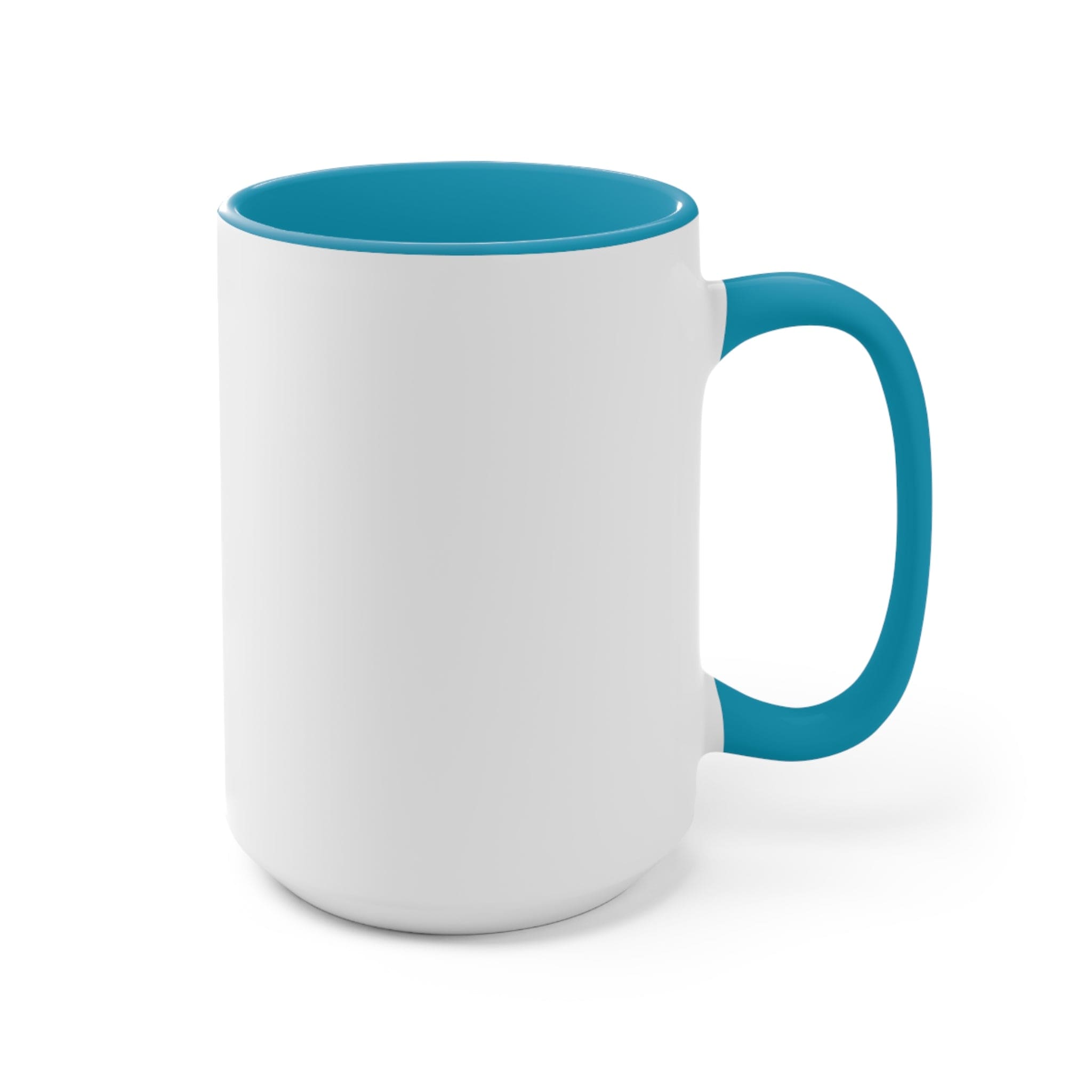 Ceramic two-tone coffee mug with colored handle and glossy finish, available in five vibrant colors.