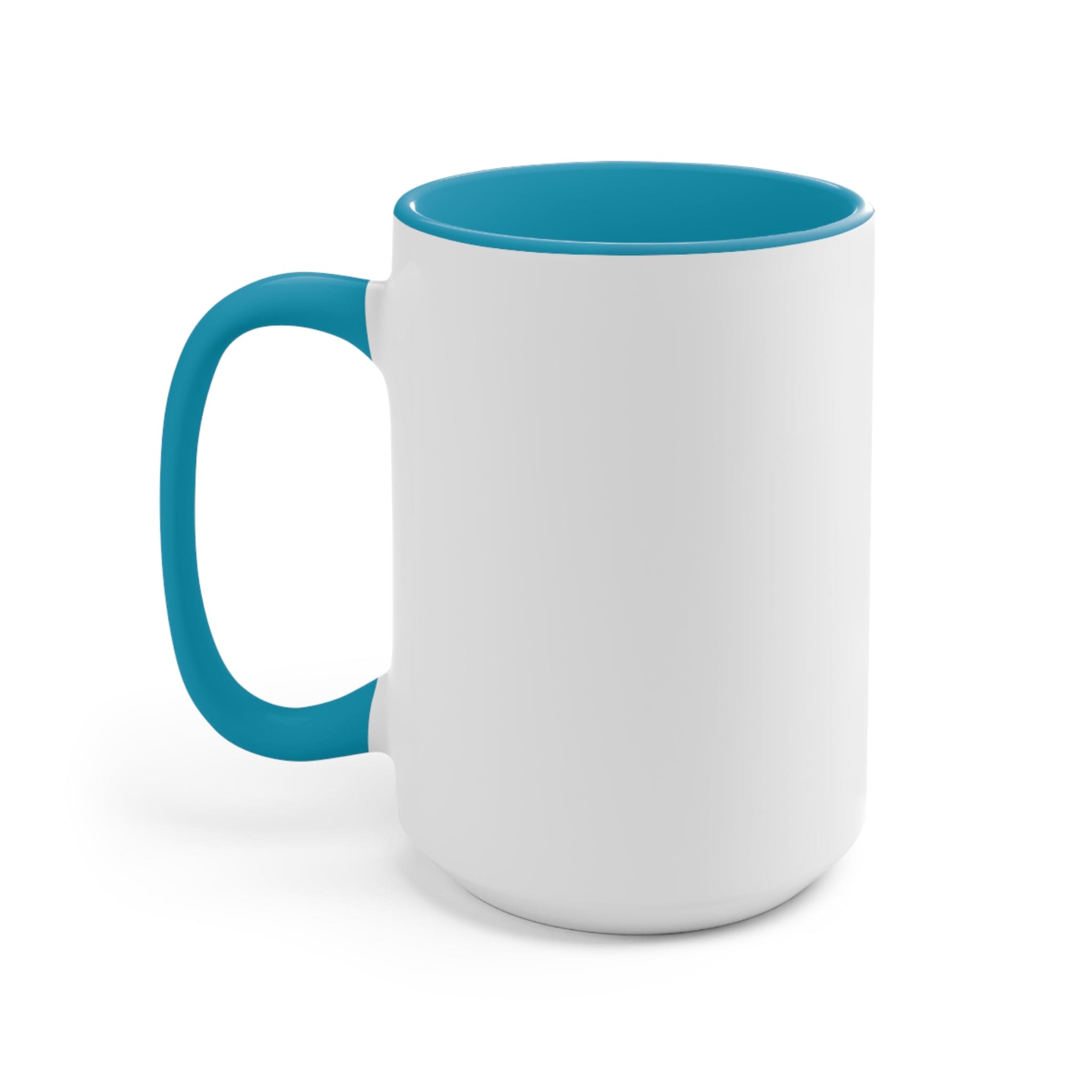 Ceramic two-tone coffee mug with colored handle and glossy finish, available in five vibrant colors.