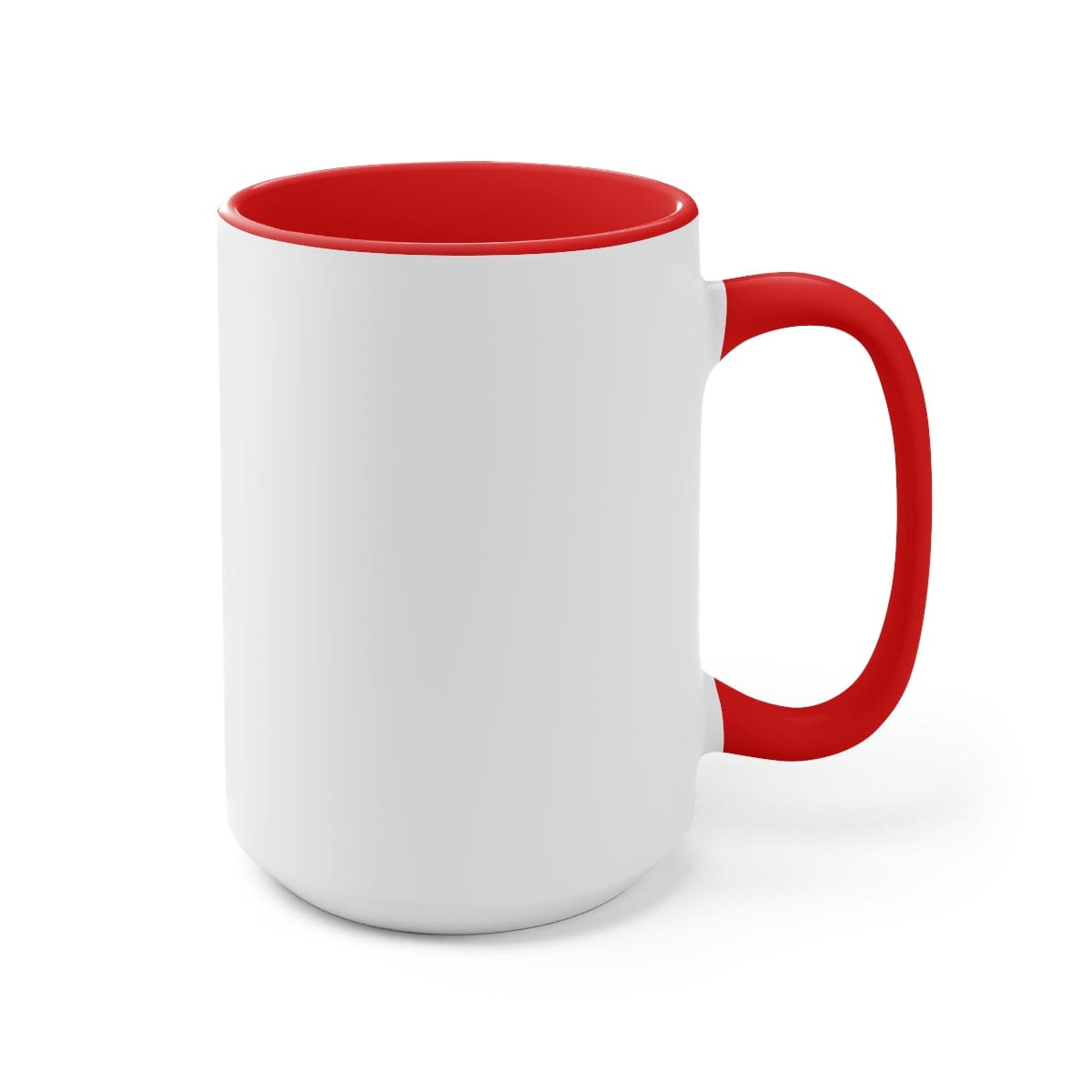 Ceramic two-tone coffee mug with colored handle and glossy finish, available in five vibrant colors.