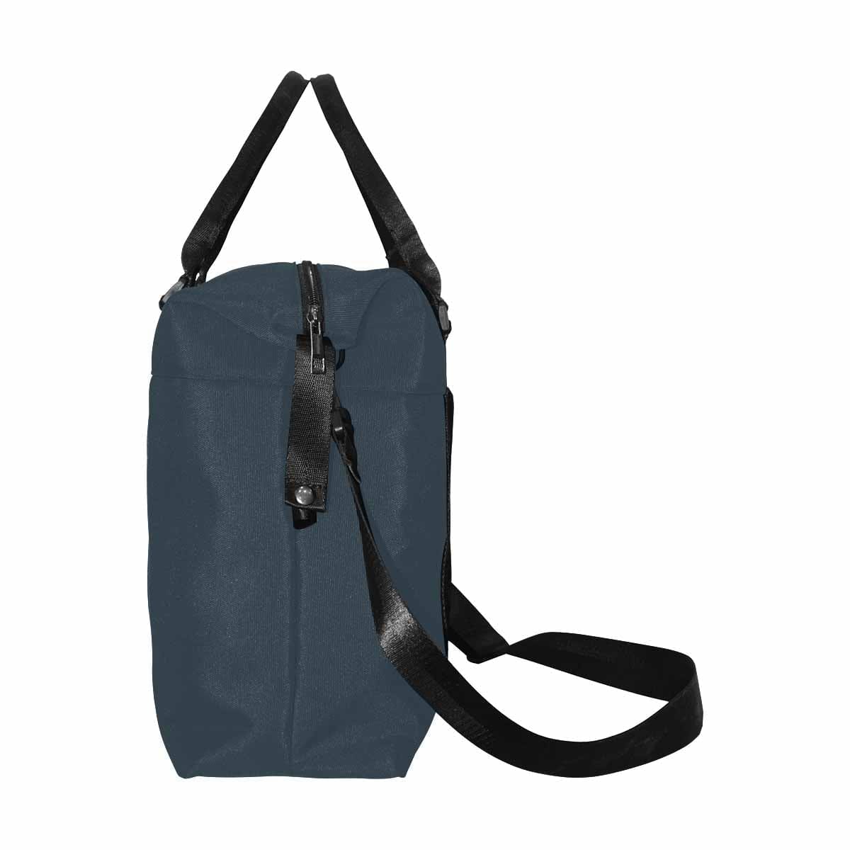 Charcoal Black Duffel Bag with adjustable strap and metal button closure, showcasing its spacious interior and durable oxford fabric.