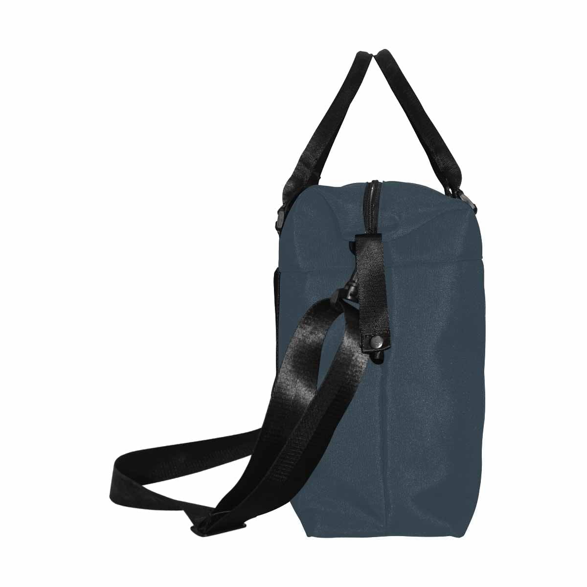 Charcoal Black Duffel Bag with adjustable strap and metal button closure, showcasing its spacious interior and durable oxford fabric.