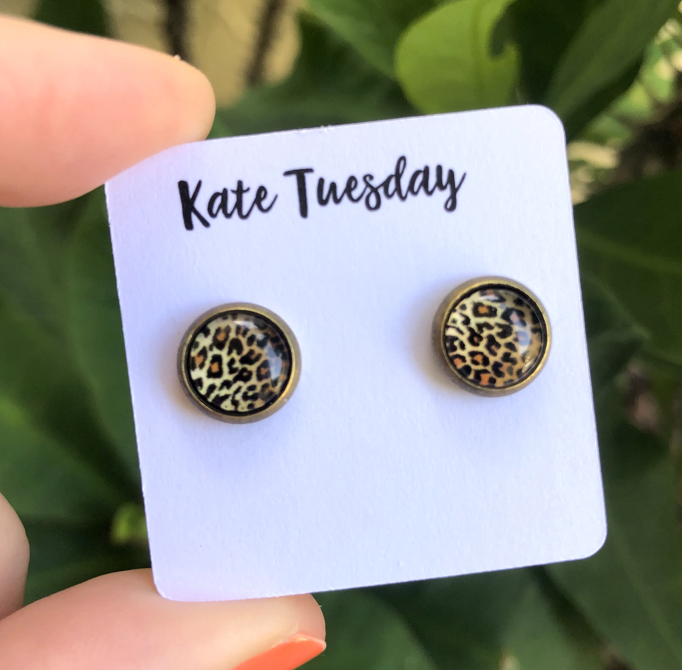 Cheetah Leopard 8mm Earrings featuring a stylish animal print design, lightweight and nickel-free for comfortable wear.