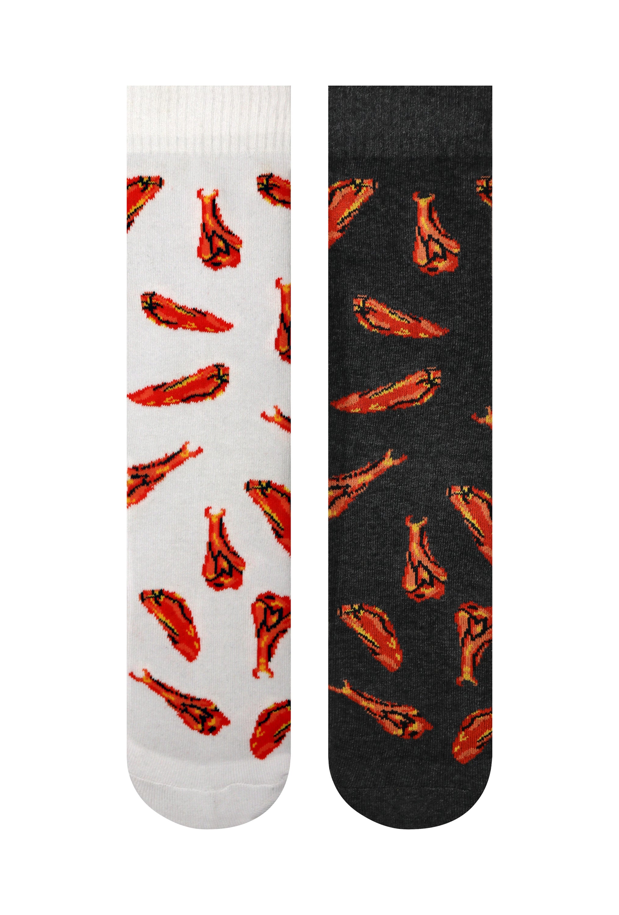 Gray crew socks featuring a fun chicken wing design with orange accents, perfect for chicken wing lovers.