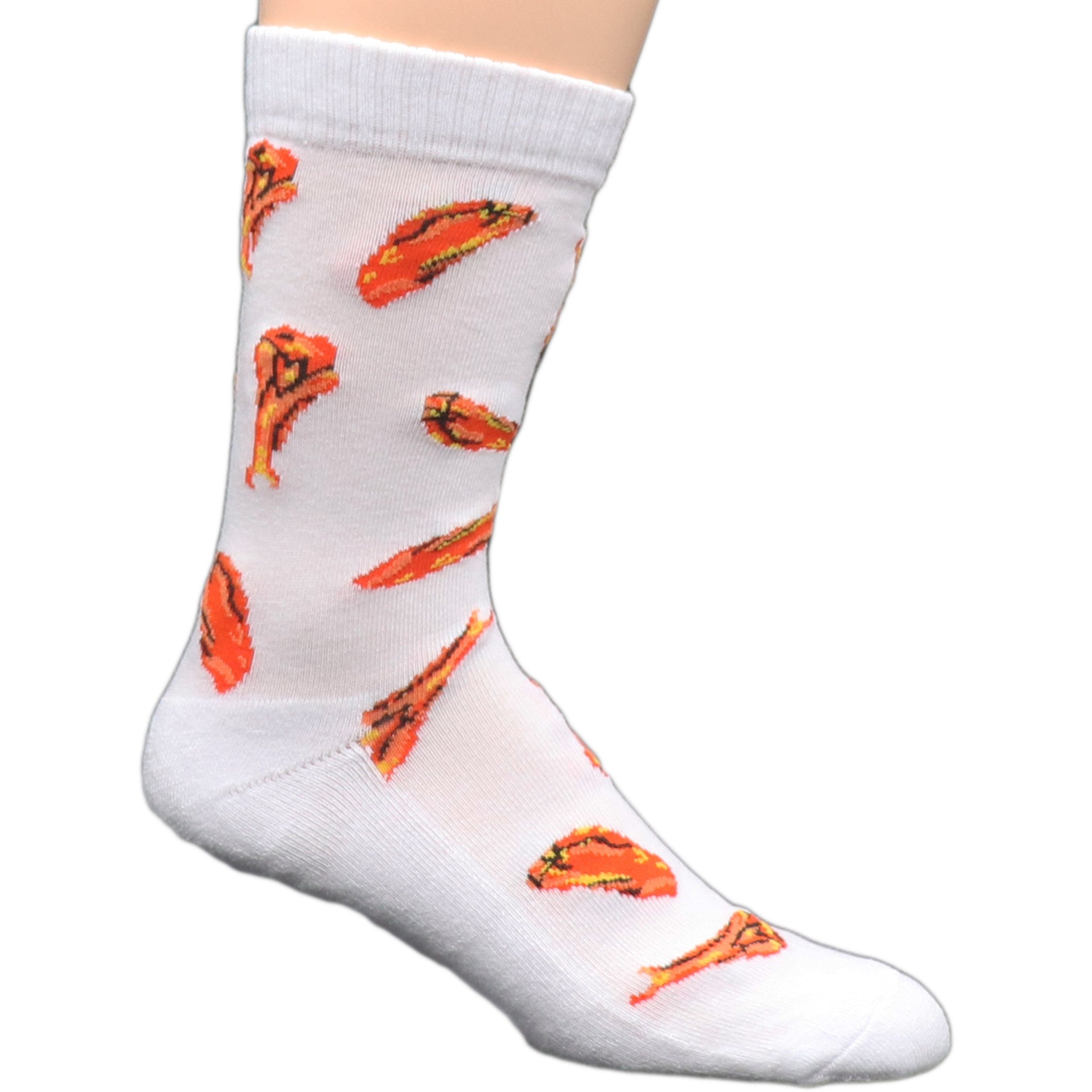 Gray crew socks featuring a fun chicken wing design with orange accents, perfect for chicken wing lovers.