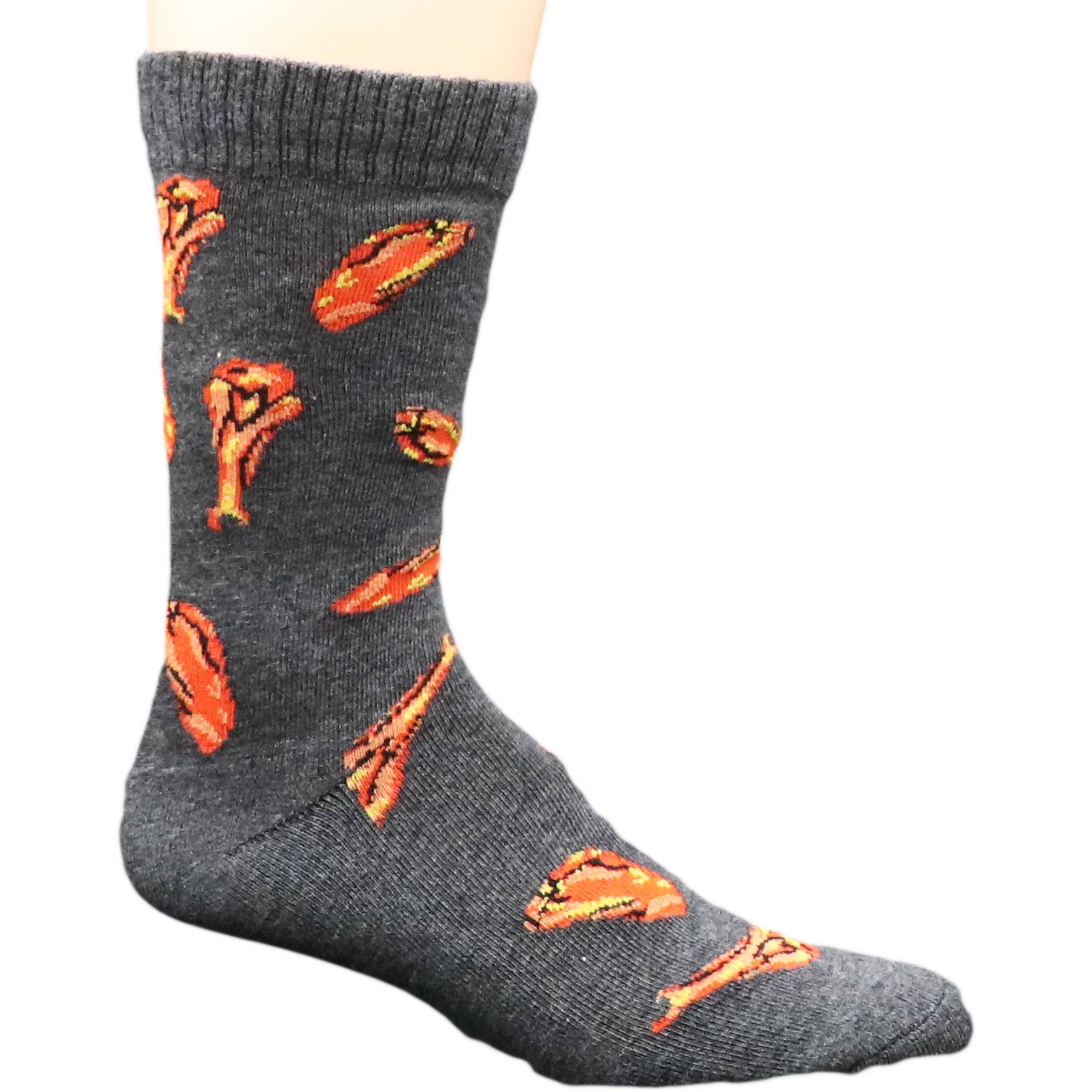 Gray crew socks featuring a fun chicken wing design with orange accents, perfect for chicken wing lovers.