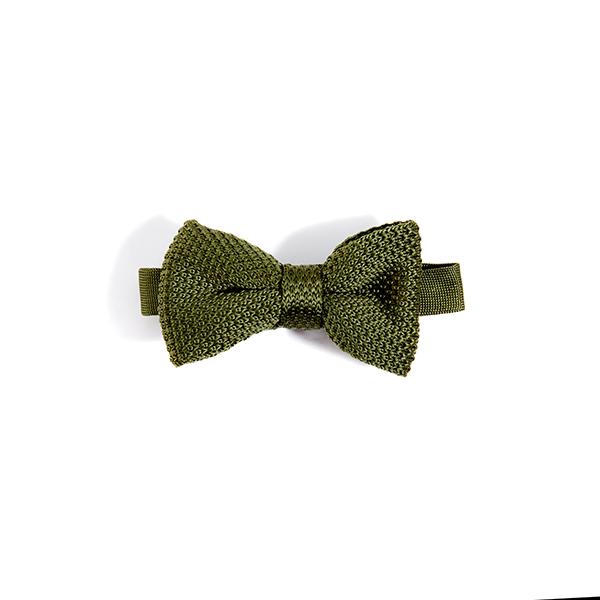 Children's moss green knitted bow tie, stylish and adjustable for ages 2-11, made from durable polyester.