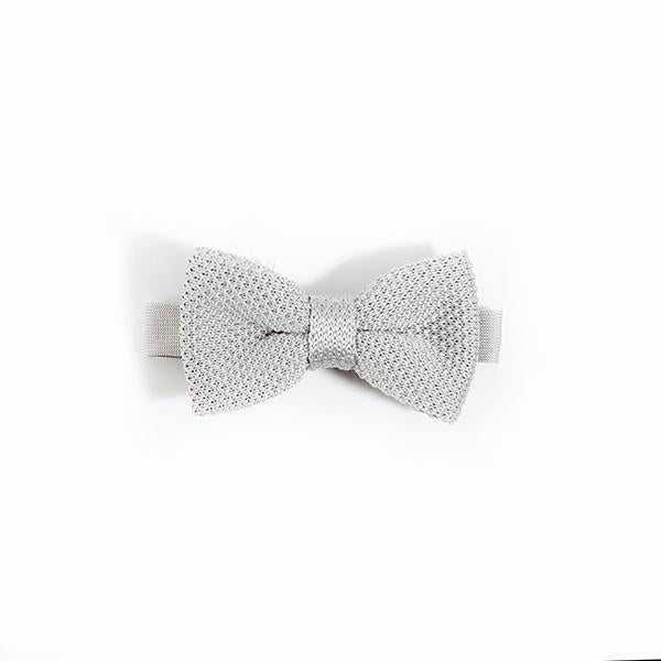 Children's silver knitted bow tie with a stylish design, perfect for ages 2-11, made from durable polyester.