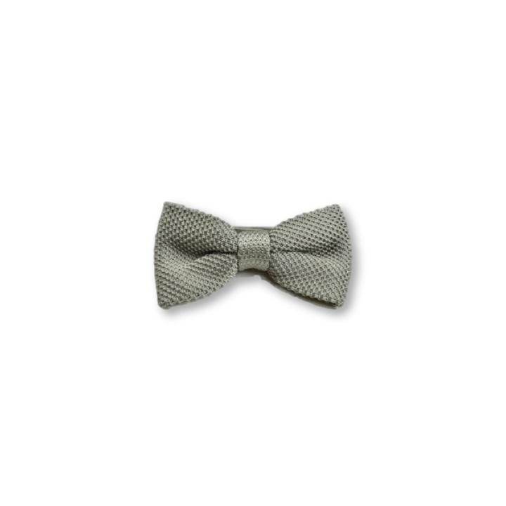 Children's stone grey knitted bow tie, stylish and comfortable for ages 2-11, perfect for special occasions.