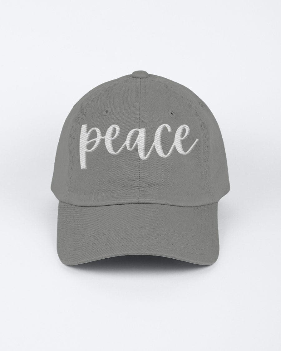 Chino Cap featuring a peace embroidered graphic, made from 100% chino cotton twill, showcasing a low-profile design.