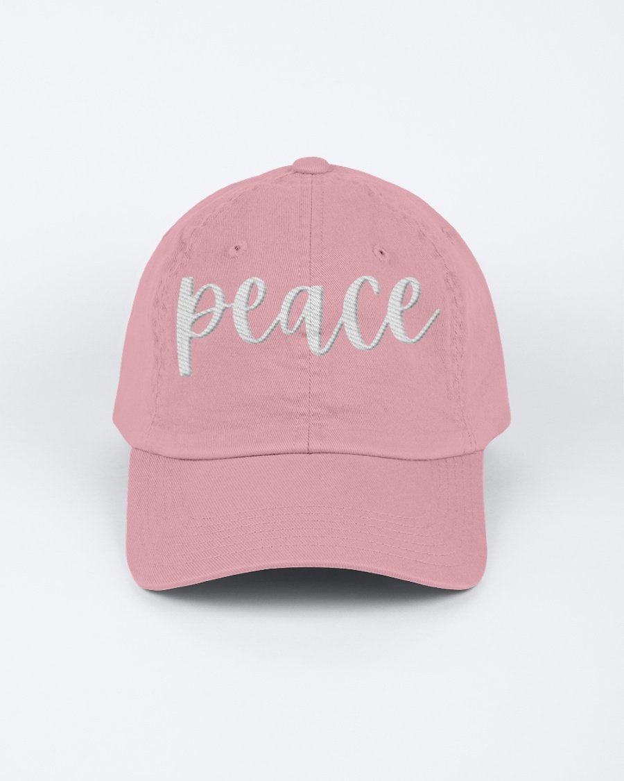 Chino Cap featuring a peace embroidered graphic, made from 100% chino cotton twill, showcasing a low-profile design.