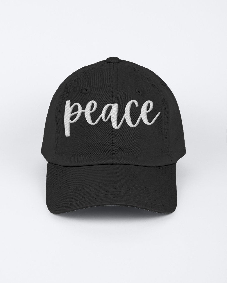 Chino Cap featuring a peace embroidered graphic, made from 100% chino cotton twill, showcasing a low-profile design.